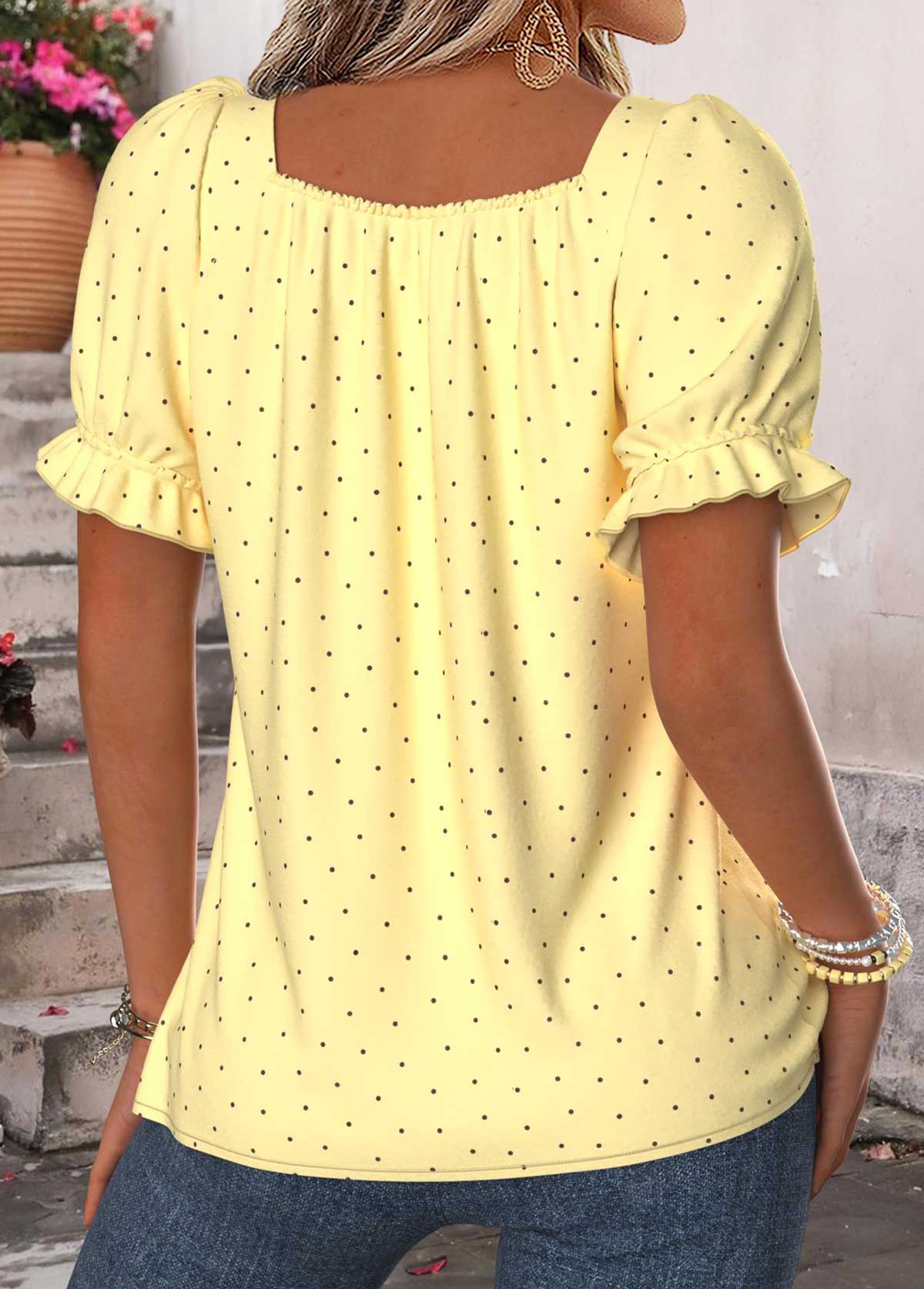 Yellow Polka Dot Curved Hem Short Sleeve T Shirt | picture 