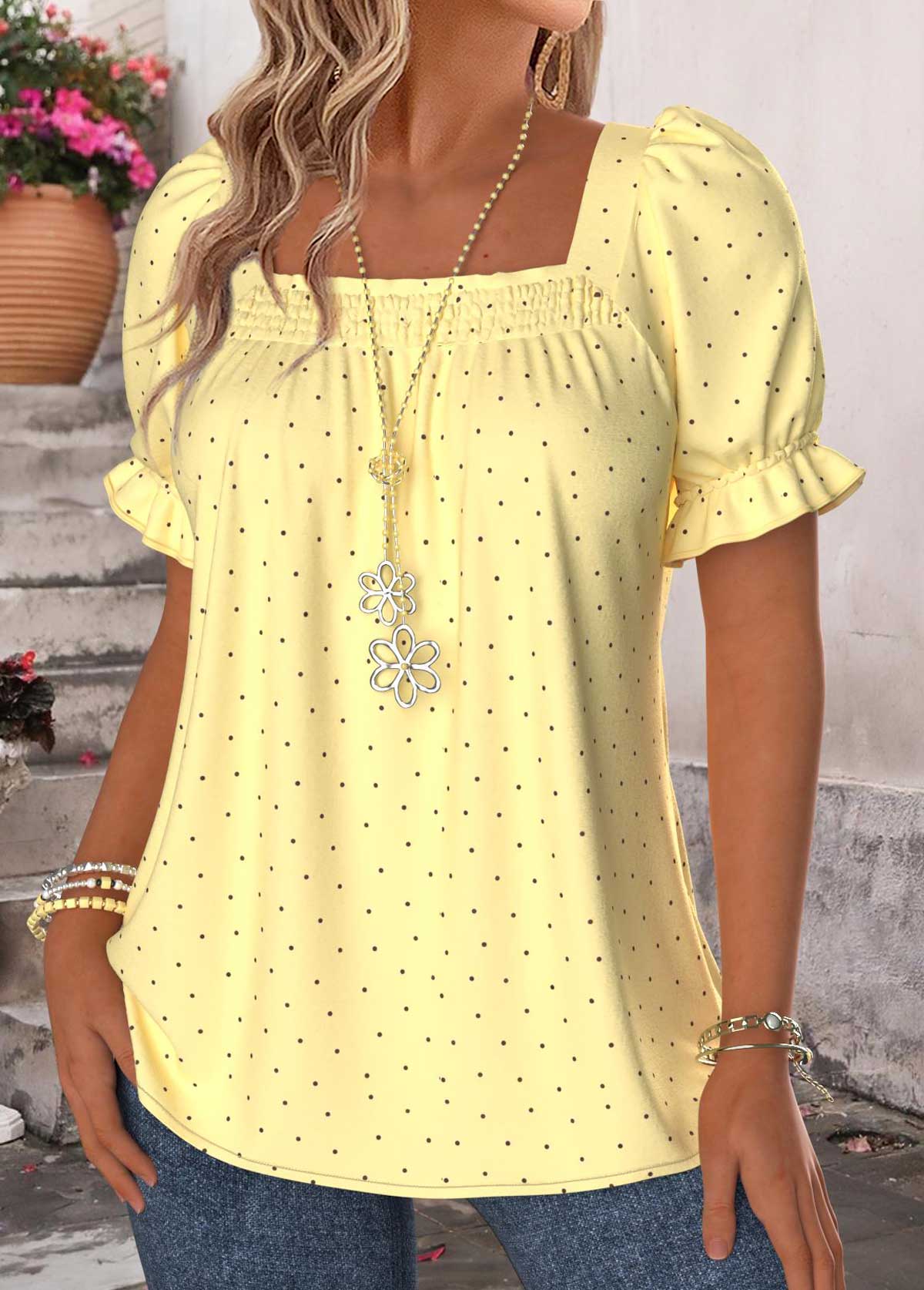 Yellow Polka Dot Curved Hem Short Sleeve T Shirt | picture 
