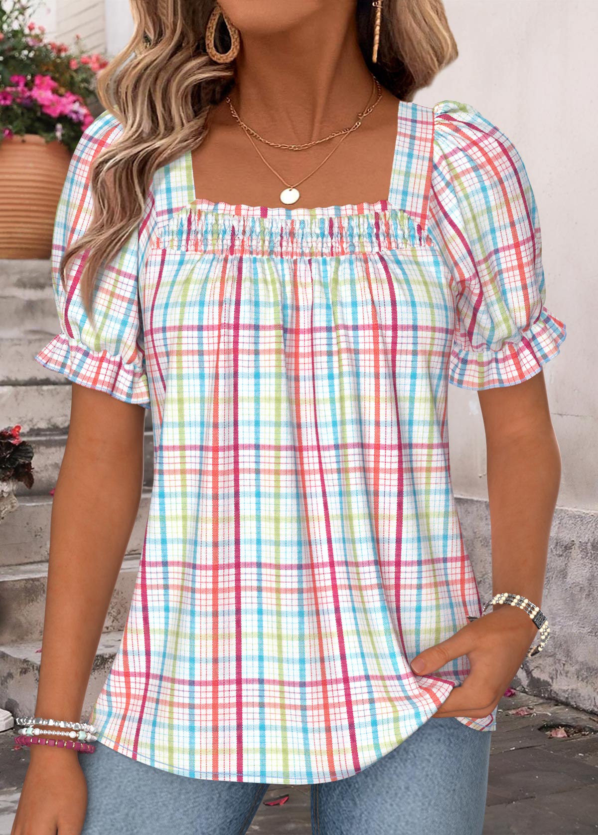 Multi Color Plaid Smocked Short Sleeve Square Neck Blouse | picture 