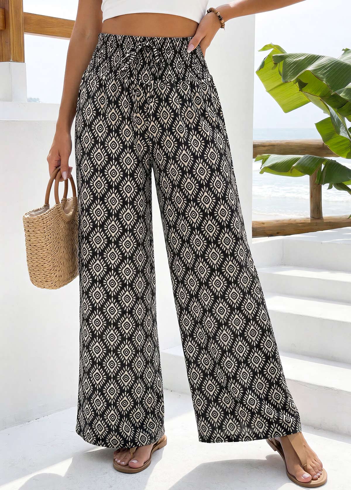 Black Geometric Print Straight Leg Elastic Waist Pants | picture 1