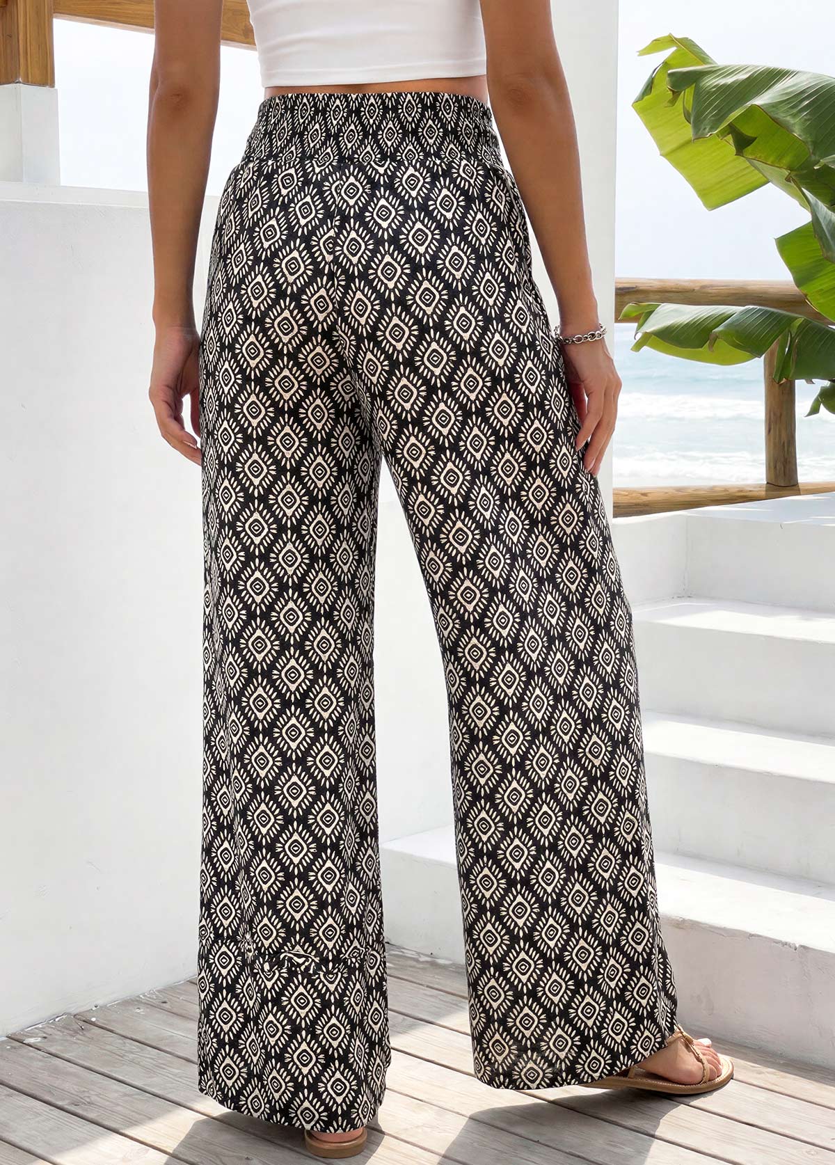 Black Geometric Print Straight Leg Elastic Waist Pants | picture 2