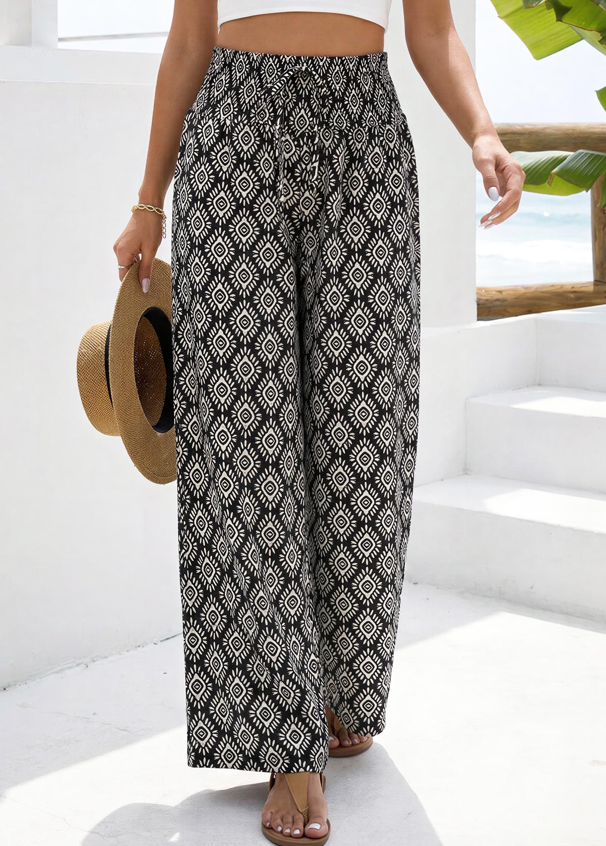 Black Geometric Print Straight Leg Elastic Waist Pants | picture 3