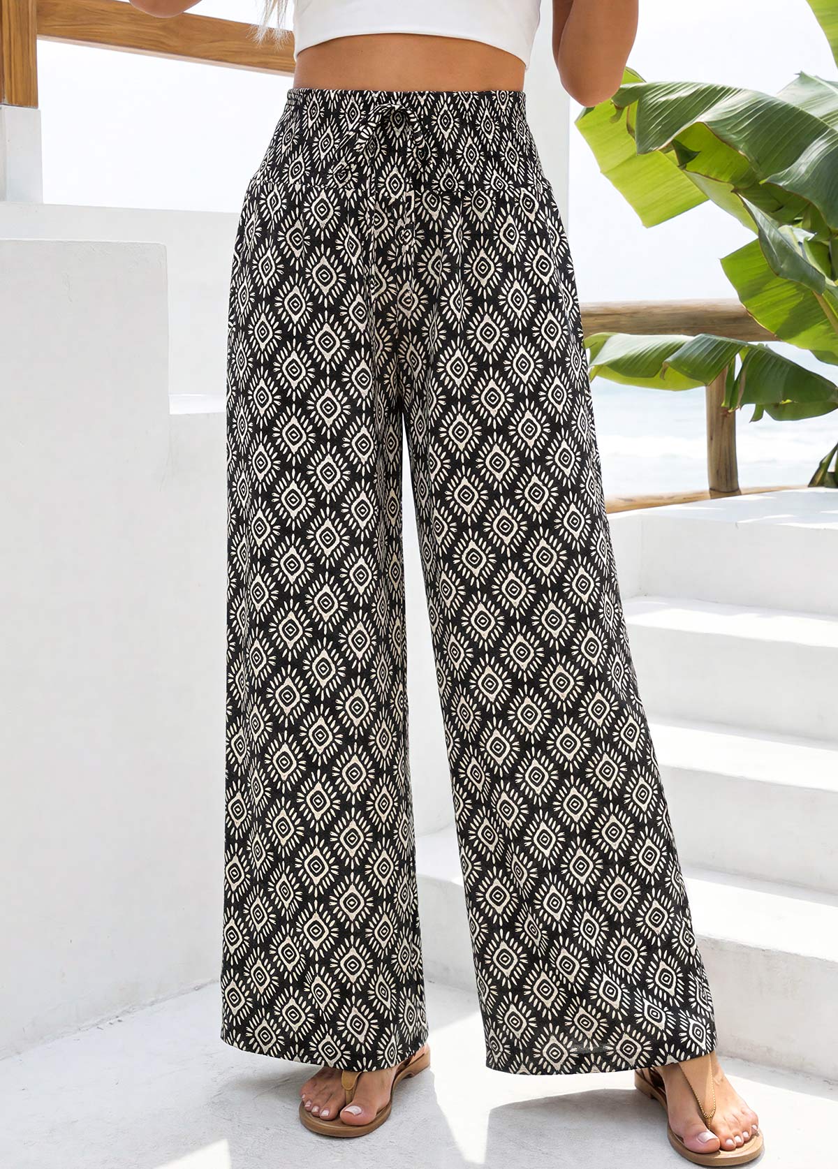 Black Geometric Print Straight Leg Elastic Waist Pants | picture 6