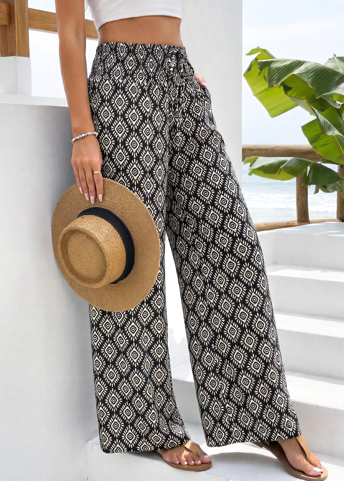 Black Geometric Print Straight Leg Elastic Waist Pants | picture 5