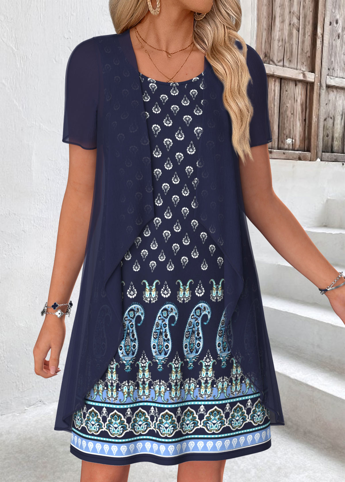 Navy Tribal Print Short Two-piece Dress and Cardigan | picture 
