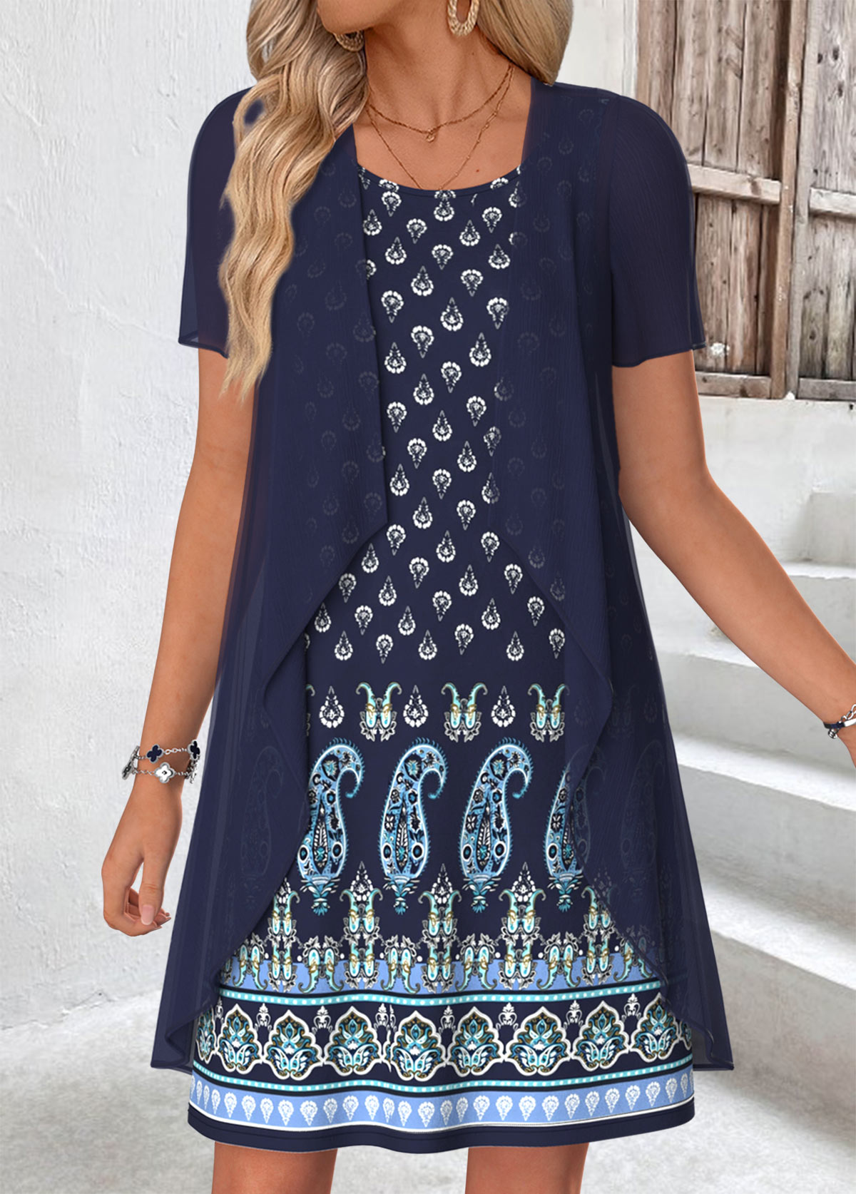 Navy Tribal Print Short Two-piece Dress and Cardigan | picture 