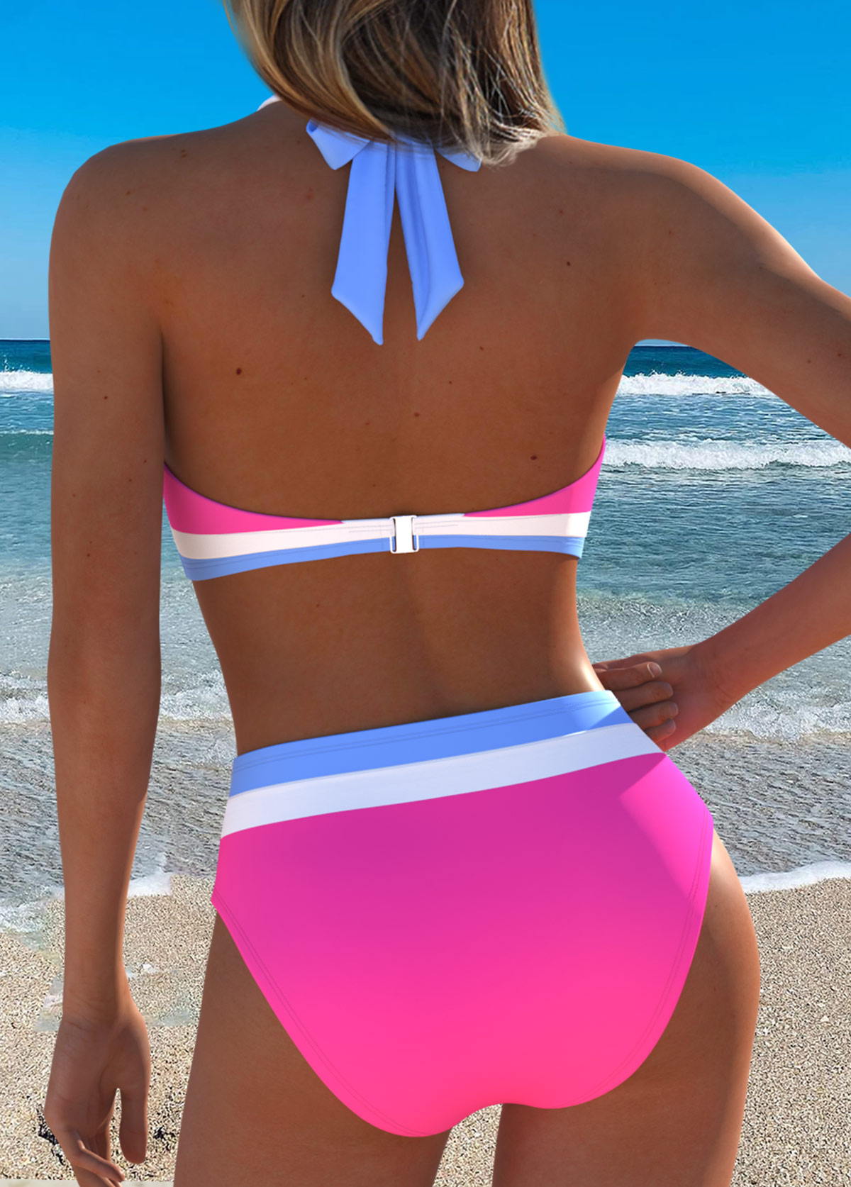Hot Pink Mid Waisted Patchwork Bikini Set | picture 