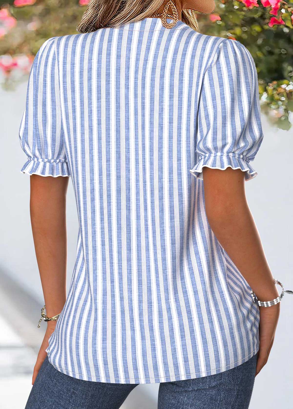 Blue Striped Patchwork Short Sleeve Stand Collar Blouse | picture 