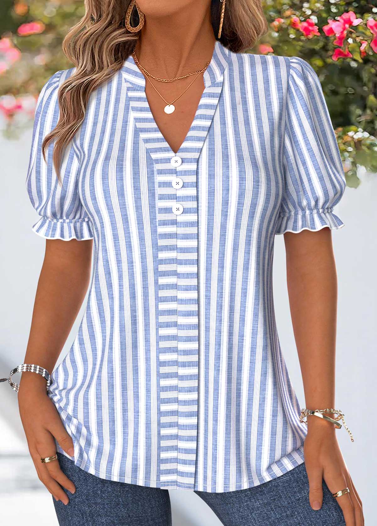 Blue Striped Patchwork Short Sleeve Stand Collar Blouse | picture 