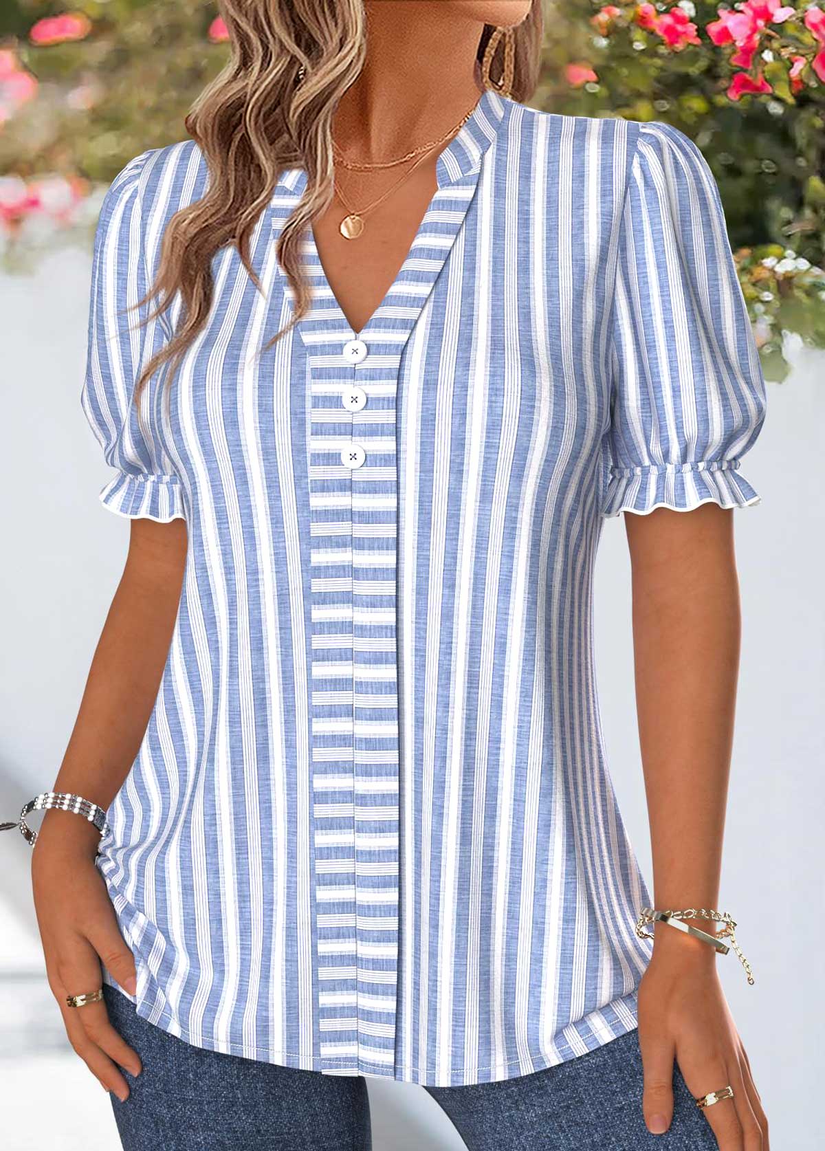 Blue Striped Patchwork Short Sleeve Stand Collar Blouse | picture 