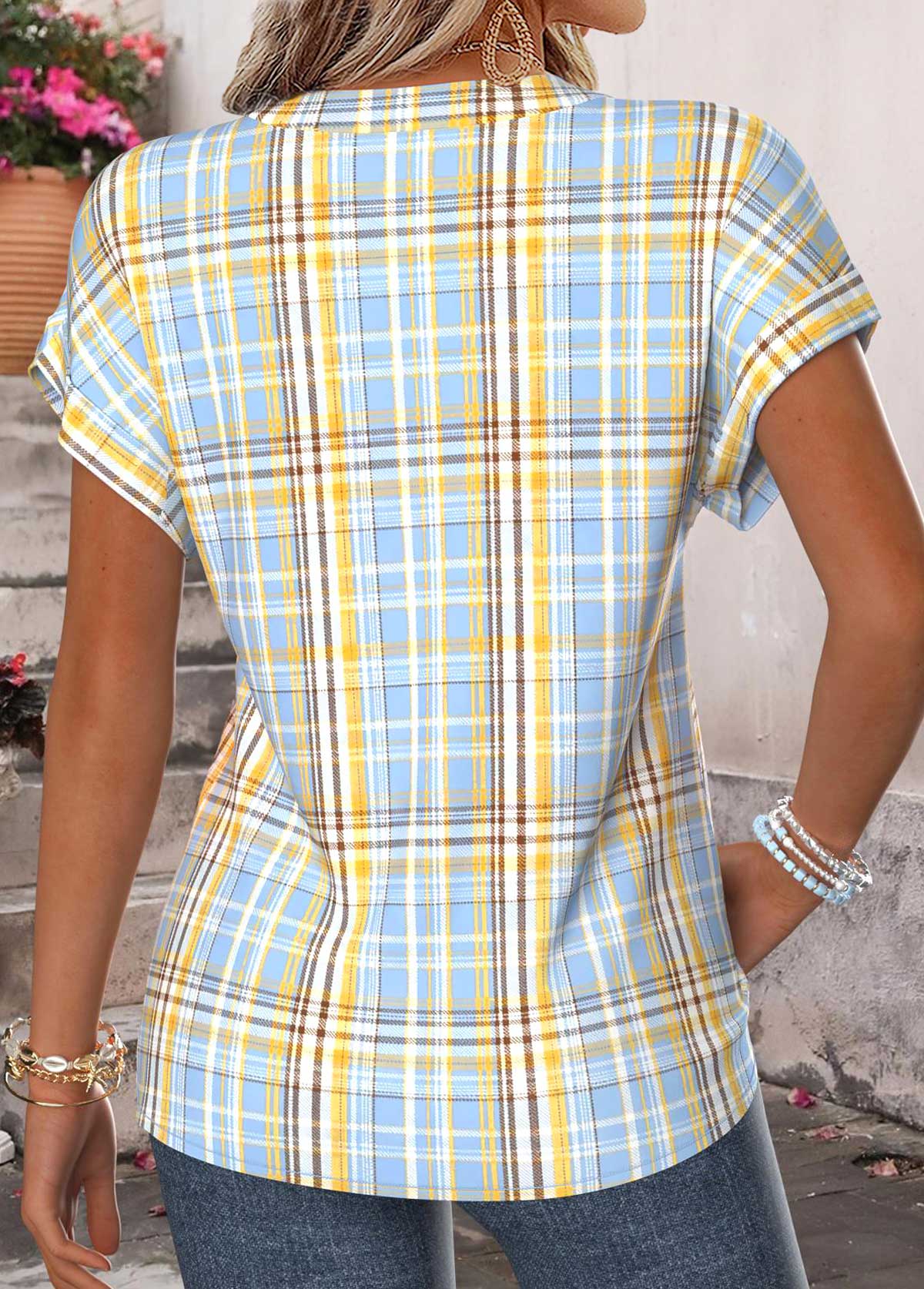 Multi Color Plaid Curved Hem Short Sleeve Blouse | picture 