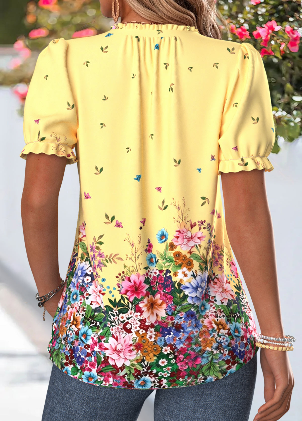 Yellow Floral Print Frill Short Sleeve T Shirt | picture 