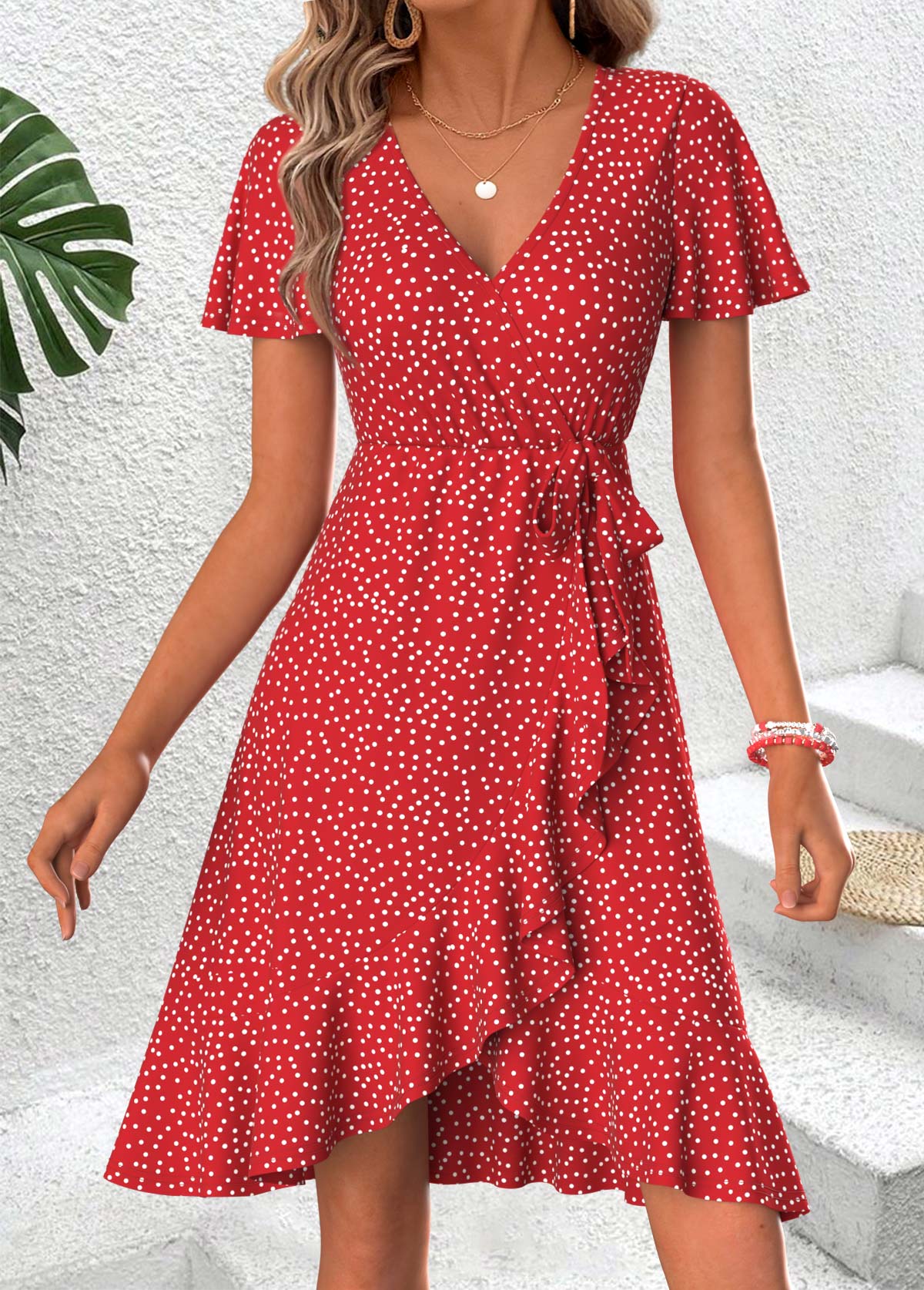 Red Polka Dot Short Shirred V Neck Dress | picture 