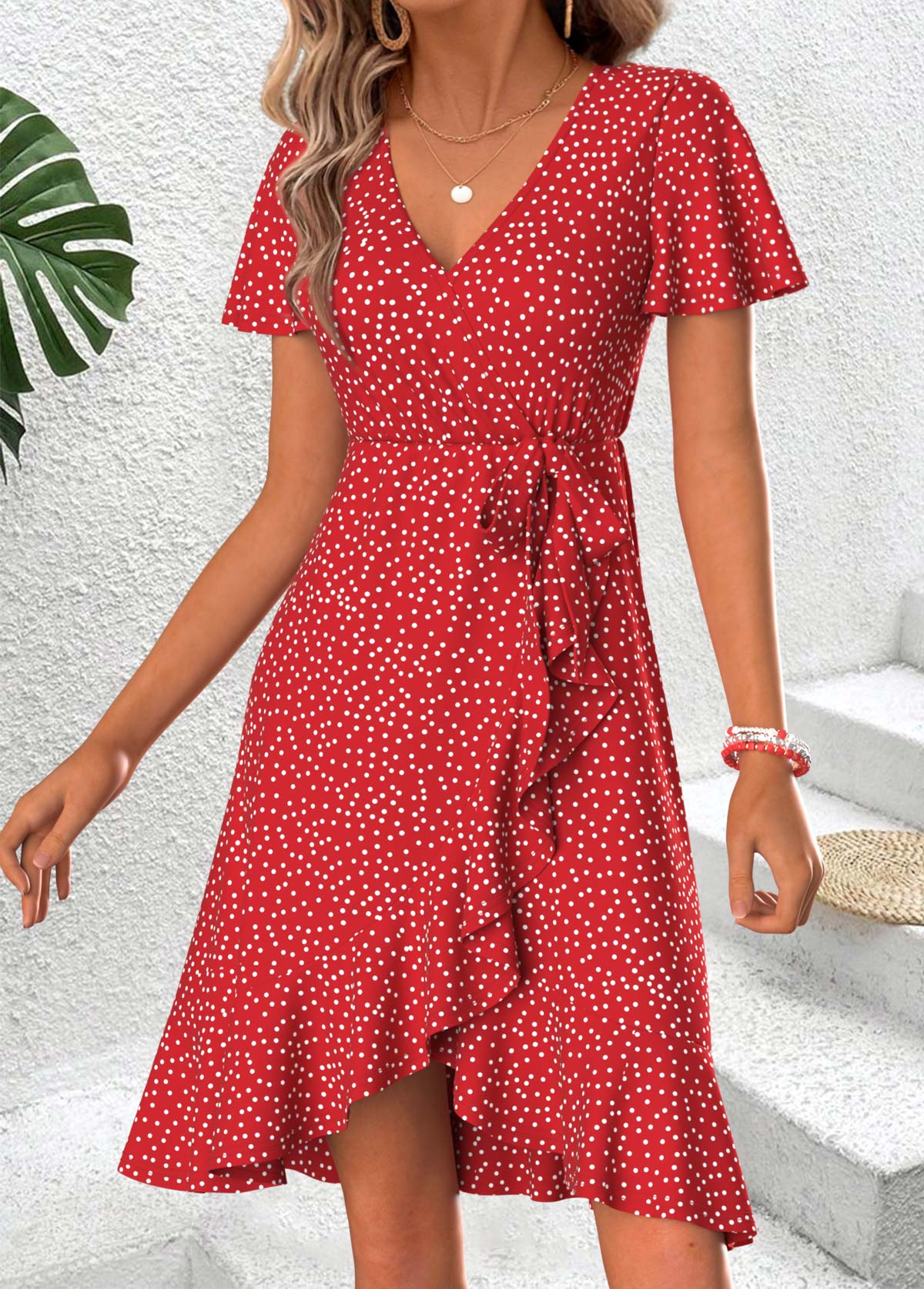 Red Polka Dot Short Shirred V Neck Dress | picture 