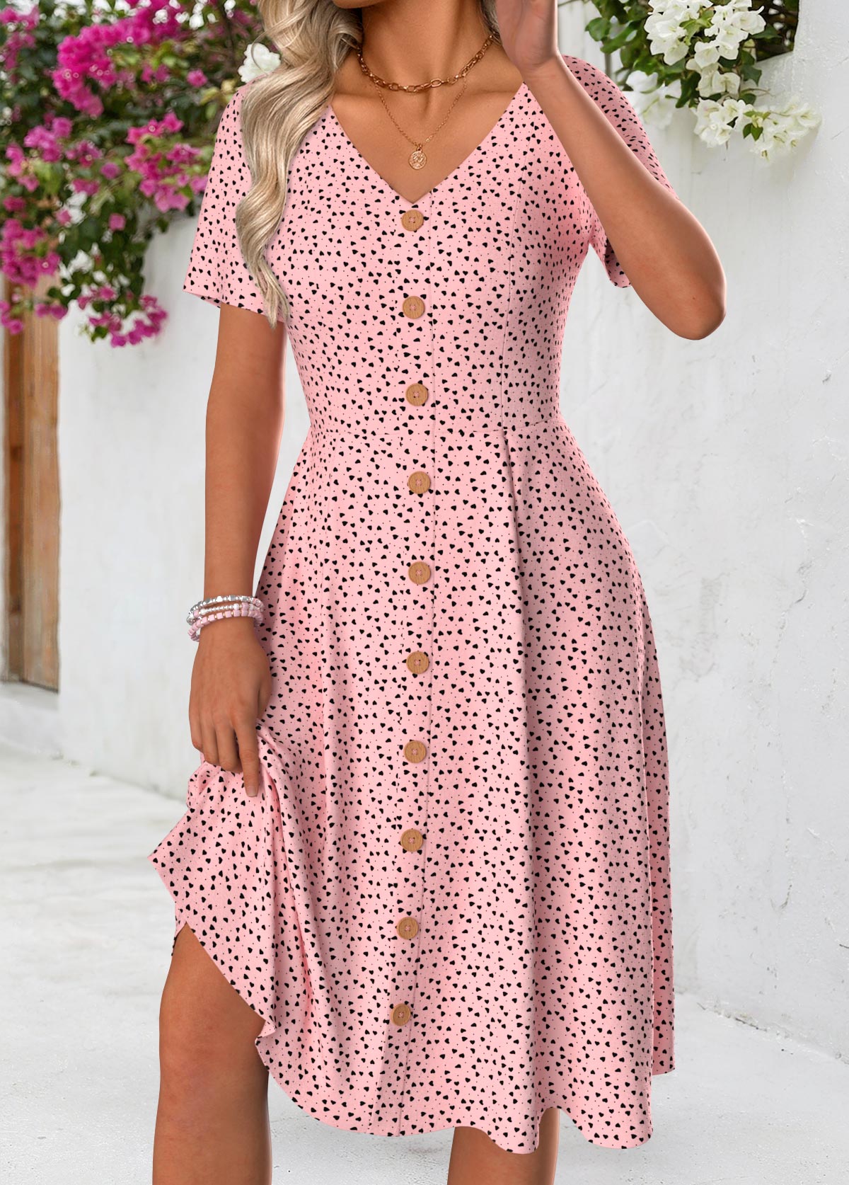 Pink Polka Dot Short Sleeve V Neck Dress | picture 