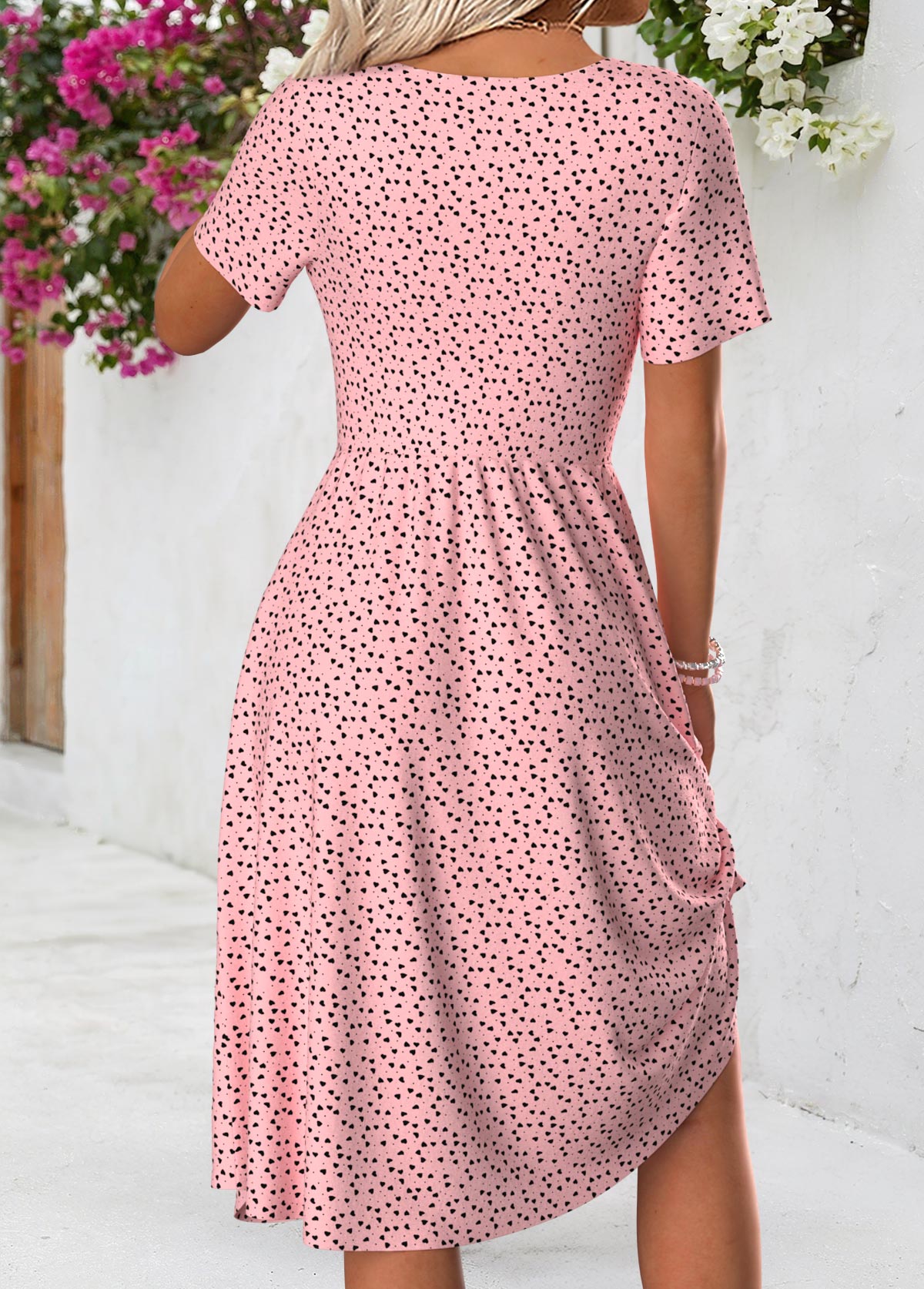 Pink Polka Dot Short Sleeve V Neck Dress | picture 