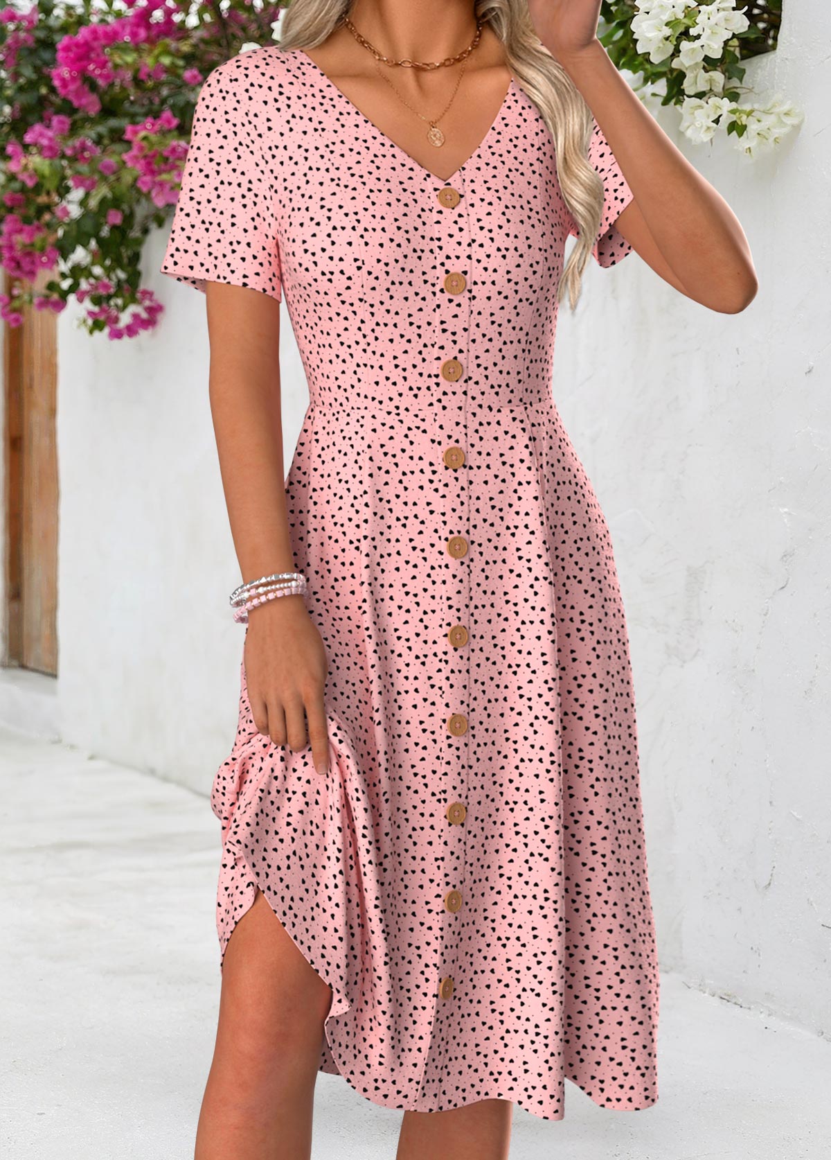 Pink Polka Dot Short Sleeve V Neck Dress | picture 