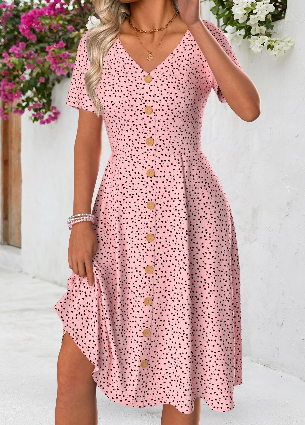 Pink Polka Dot Short Sleeve V Neck Dress | picture 