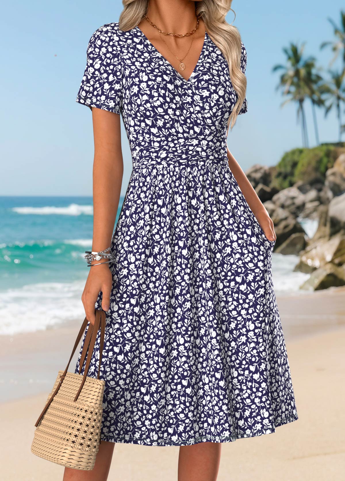 Navy Ditsy Floral Print Surplice Short Sleeve Dress | picture 