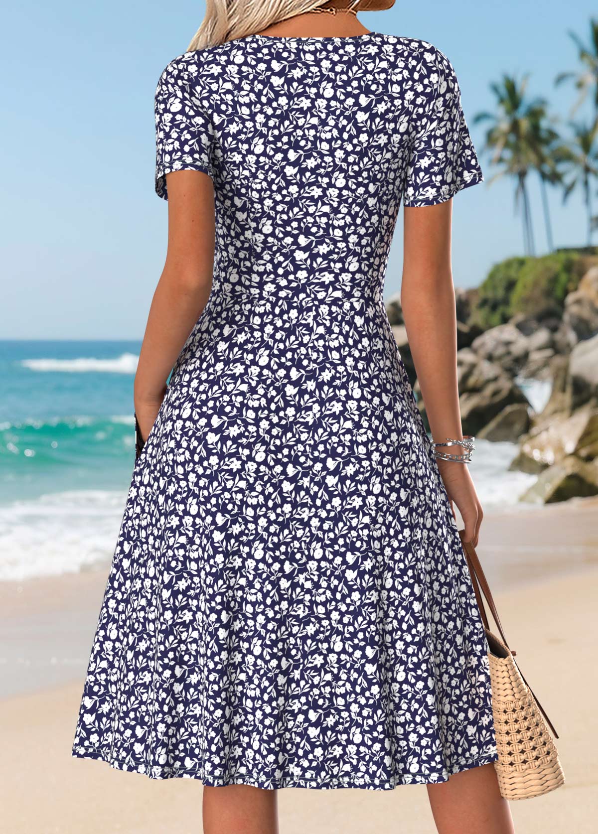 Navy Ditsy Floral Print Surplice Short Sleeve Dress | picture 