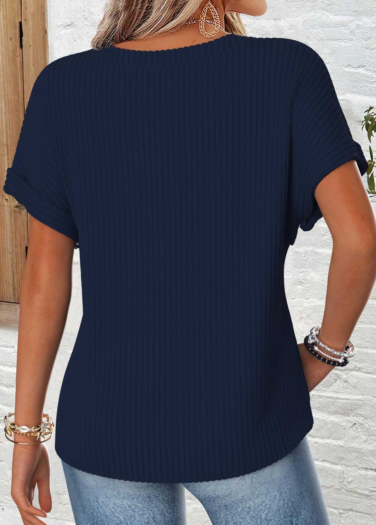 Navy Patchwork Short Sleeve V Neck T Shirt | picture 