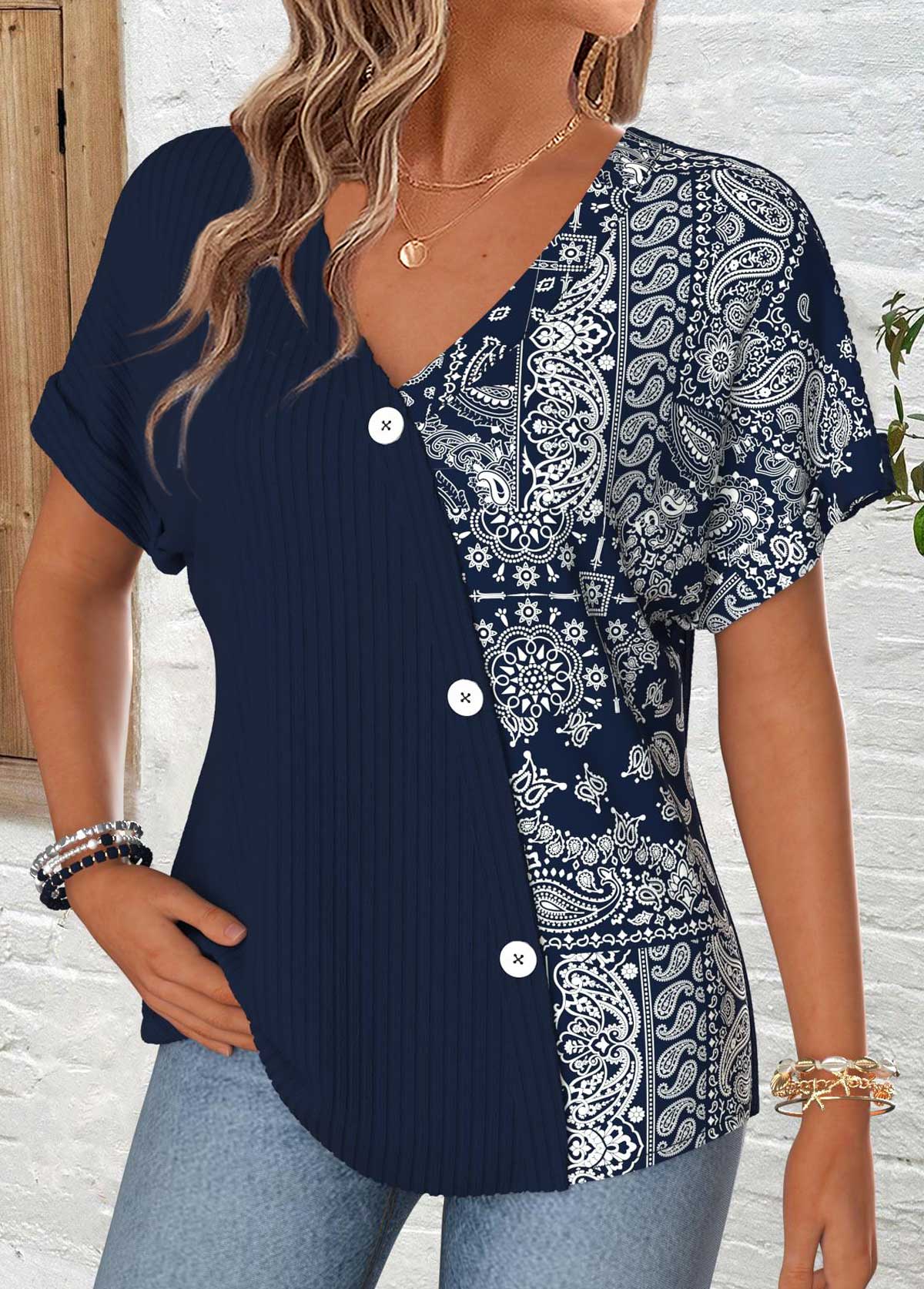 Navy Patchwork Short Sleeve V Neck T Shirt | picture 