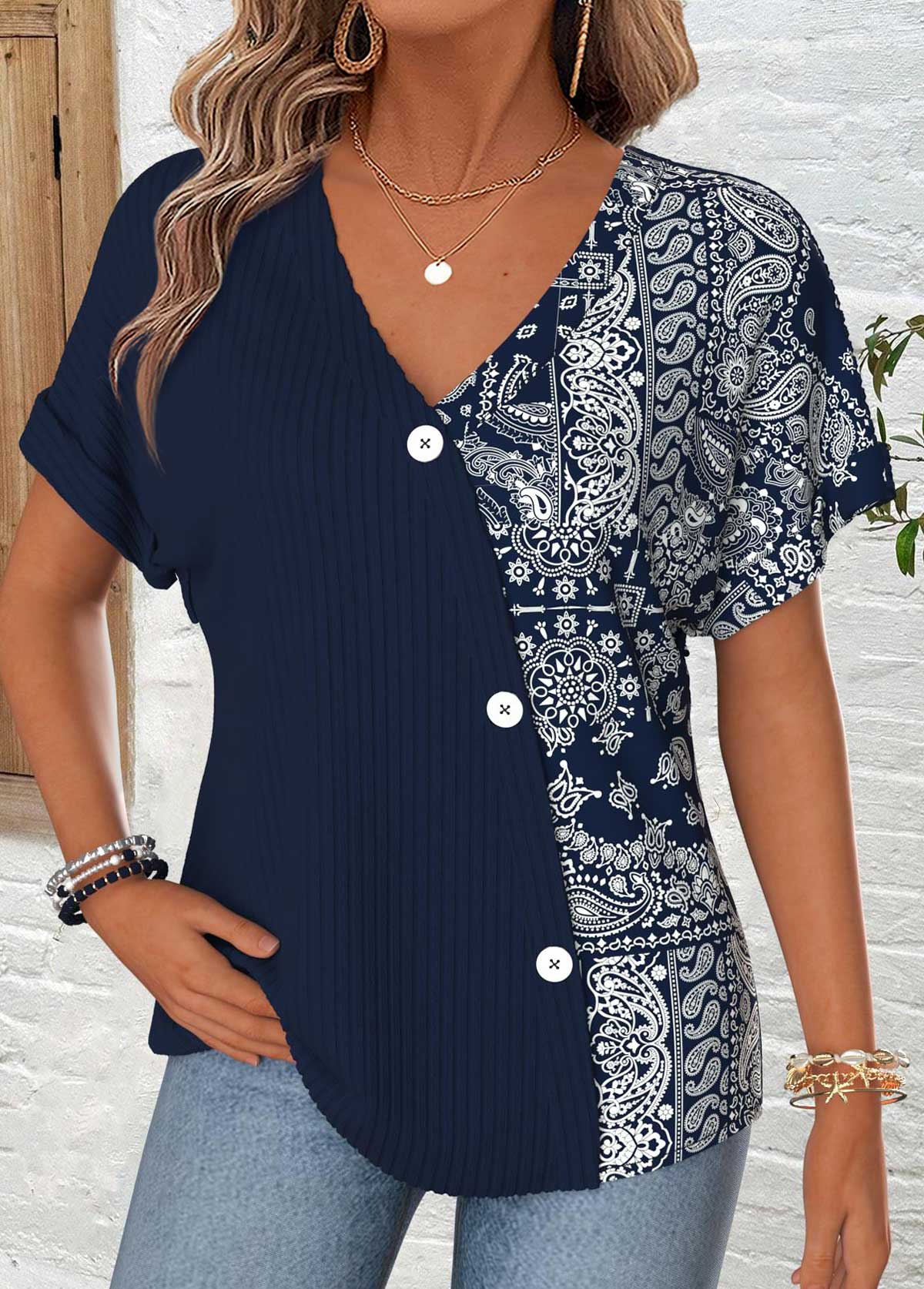 Navy Patchwork Short Sleeve V Neck T Shirt | picture 