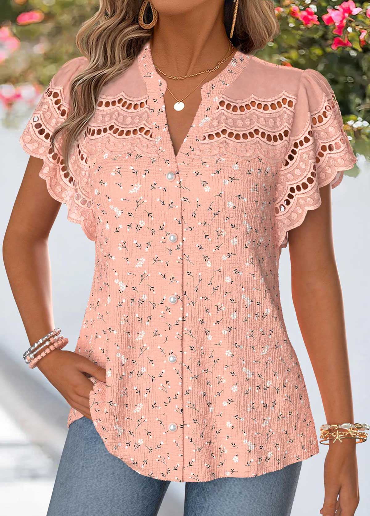 Dusty Pink Patchwork Short Sleeve Split Neck Blouse | picture 