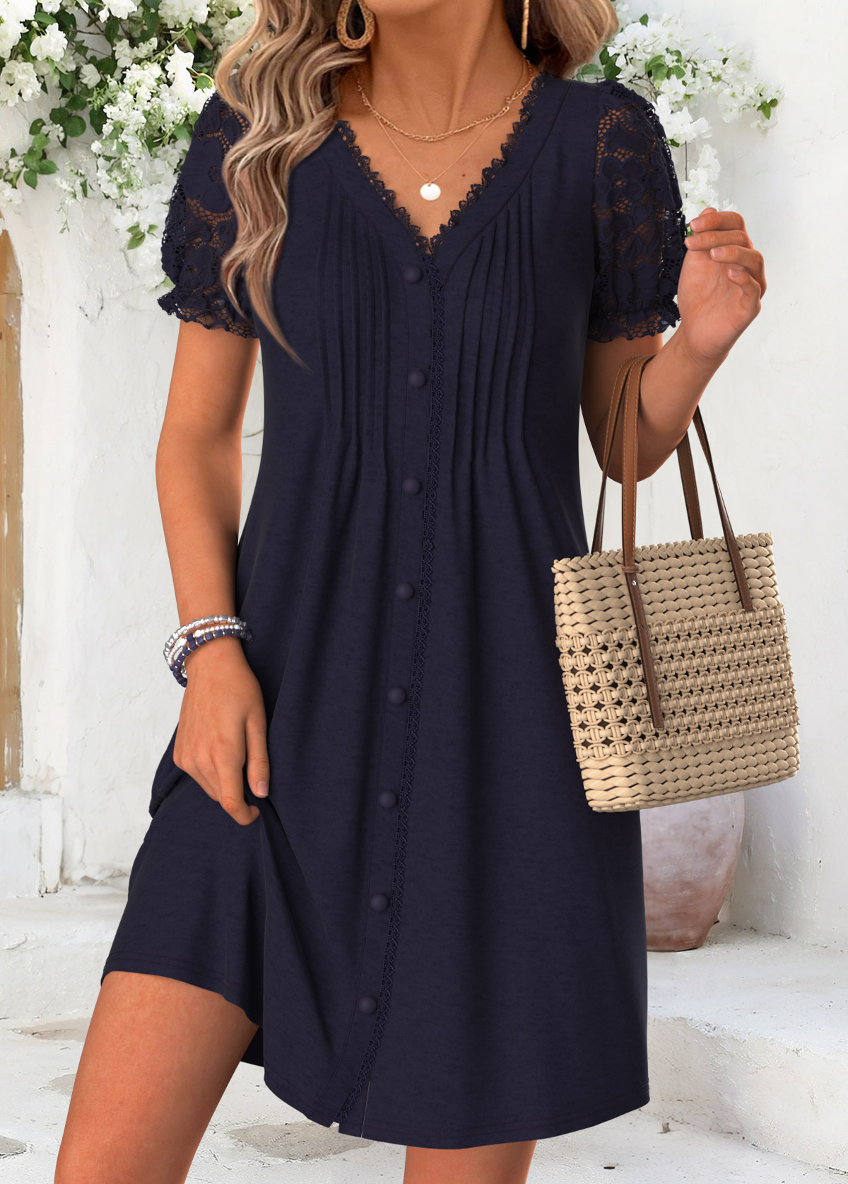 Navy Short Tuck Stitch V Neck Dress Tummy Control Vacation A-Line Dress Navy Short Tuck Stitch V Neck Dress Tummy Control Vacation A-Line Dress