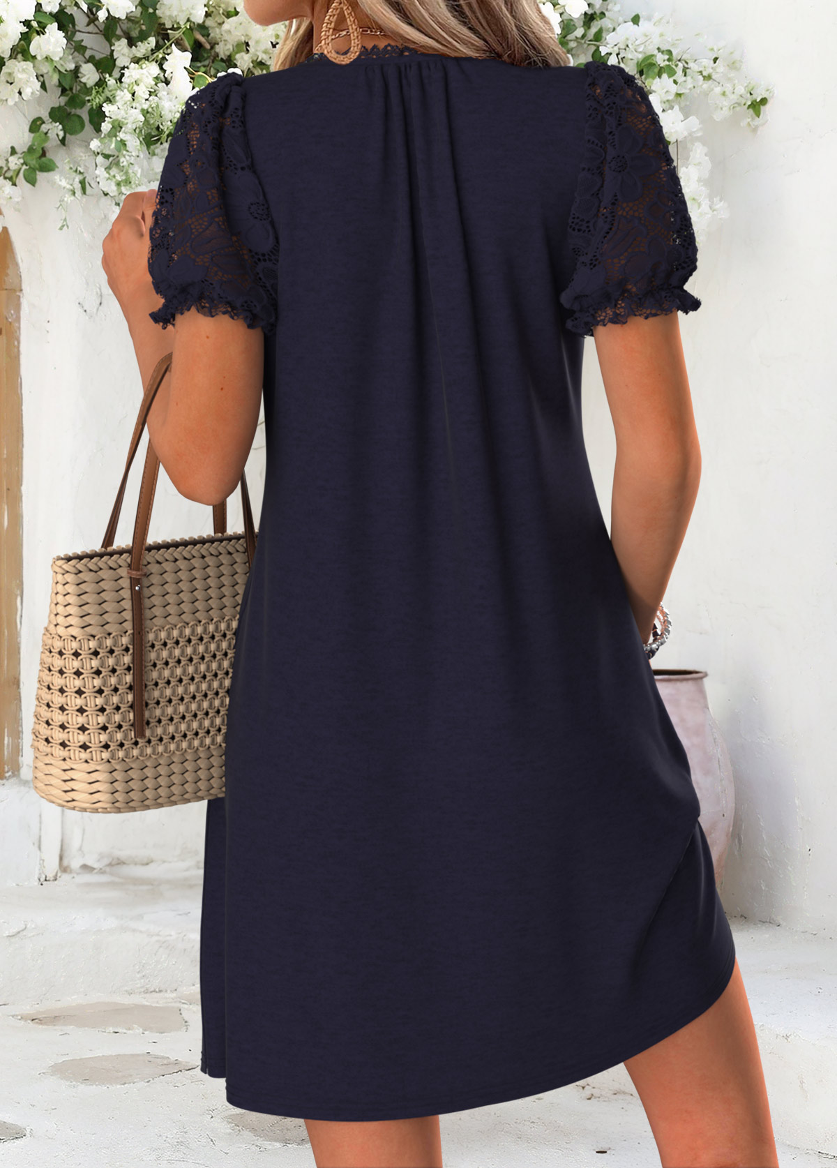 Navy Short Tuck Stitch V Neck Dress | picture 