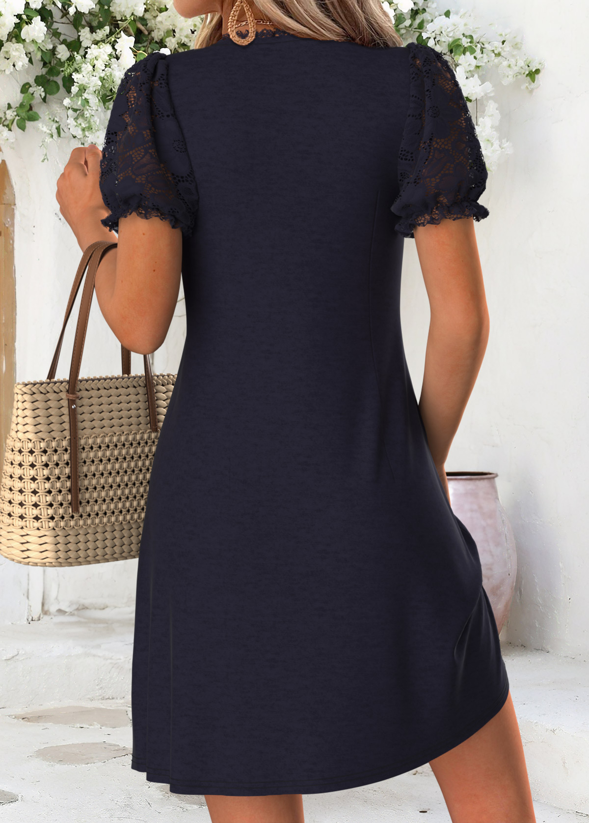 Navy Short Tuck Stitch V Neck Dress | picture 