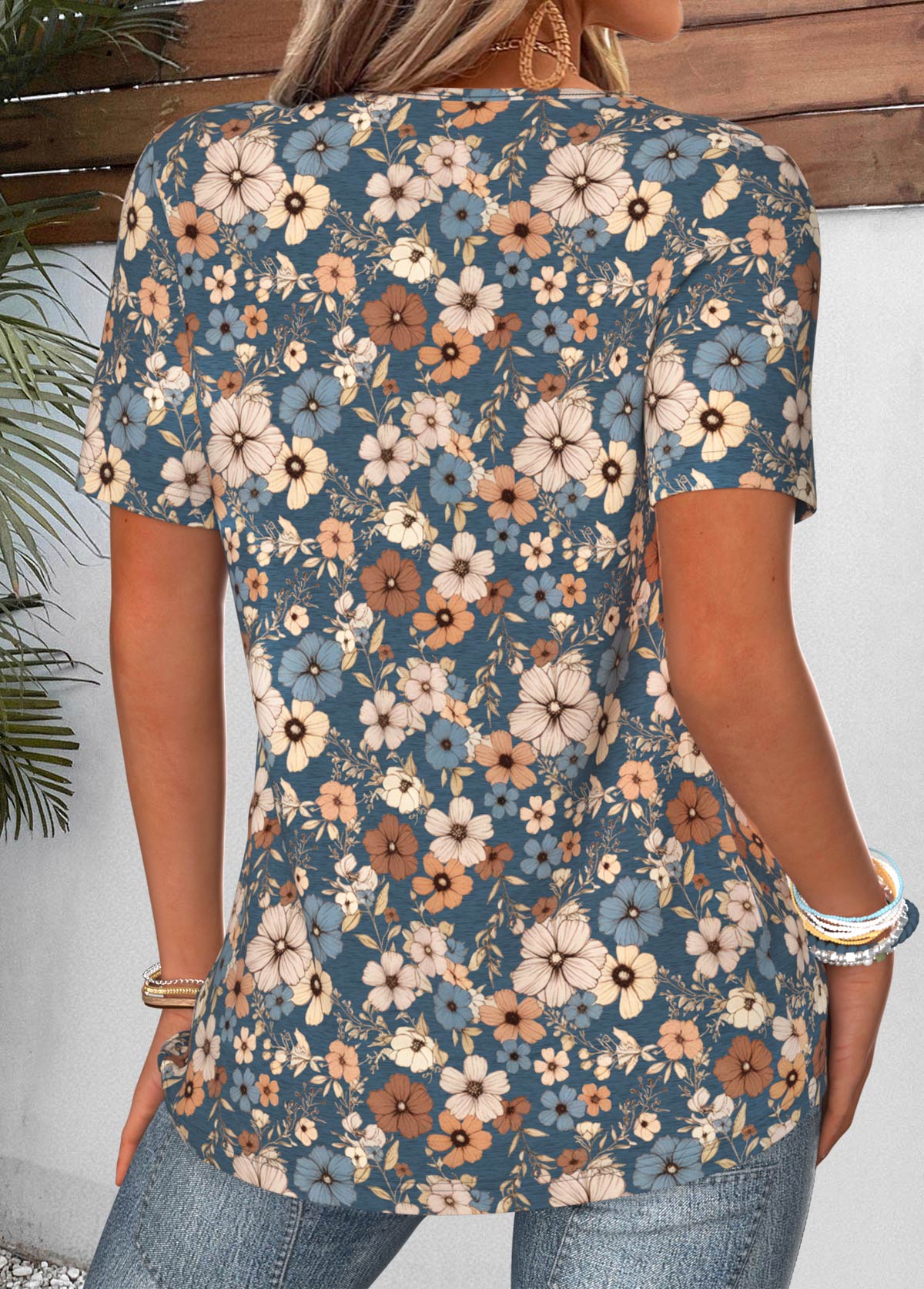 Peacock Blue Floral Print Curved Hem T Shirt | picture 