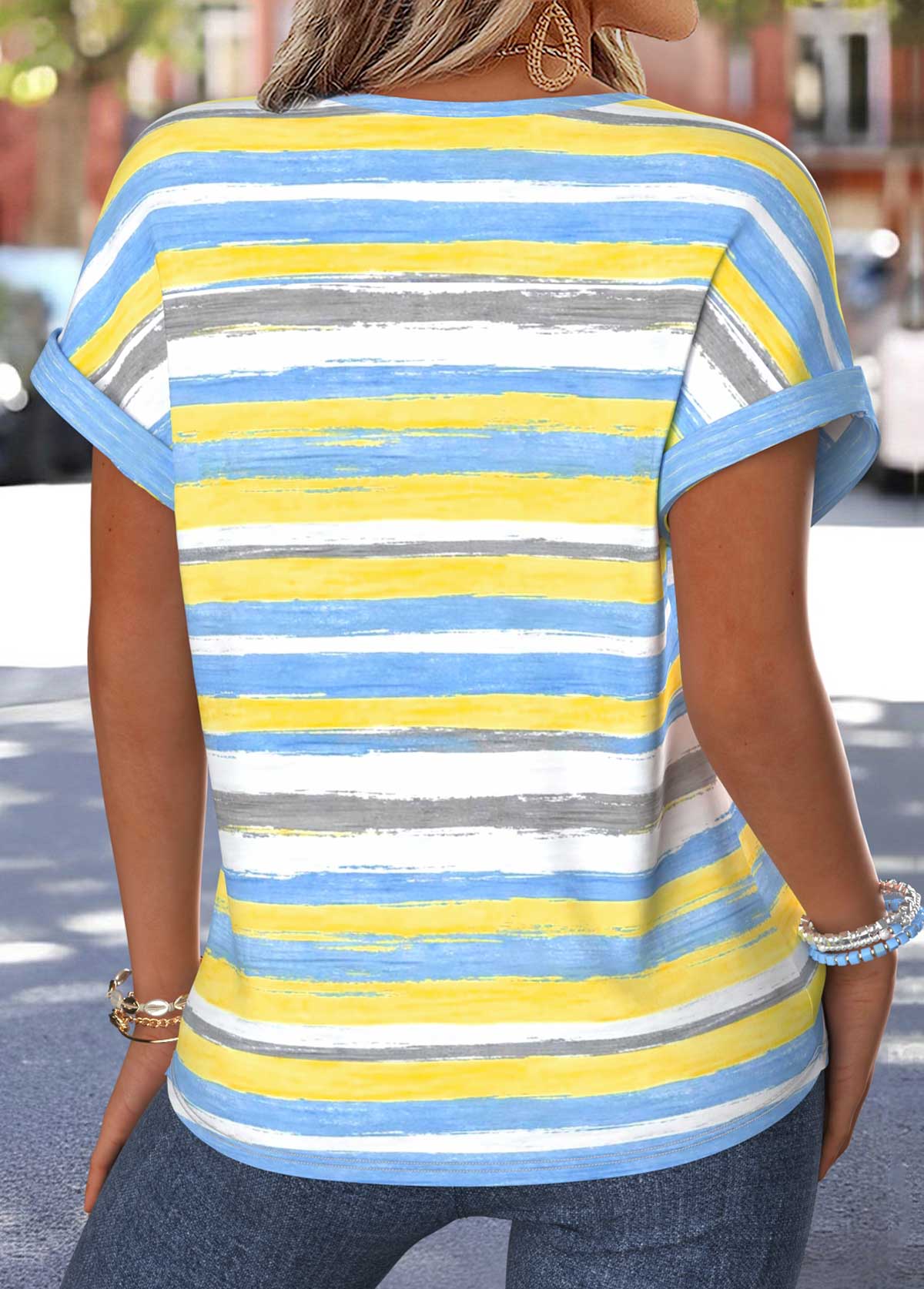 Multi Color Tummy Coverage Short Sleeve Split Neck Blouse | picture 