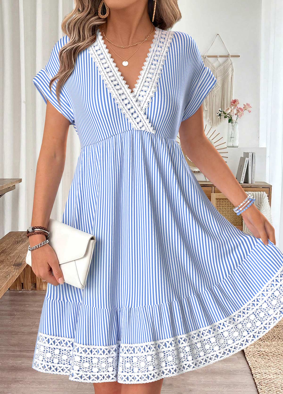 Light Blue Striped Surplice Short Sleeve V Neck Dress | picture 