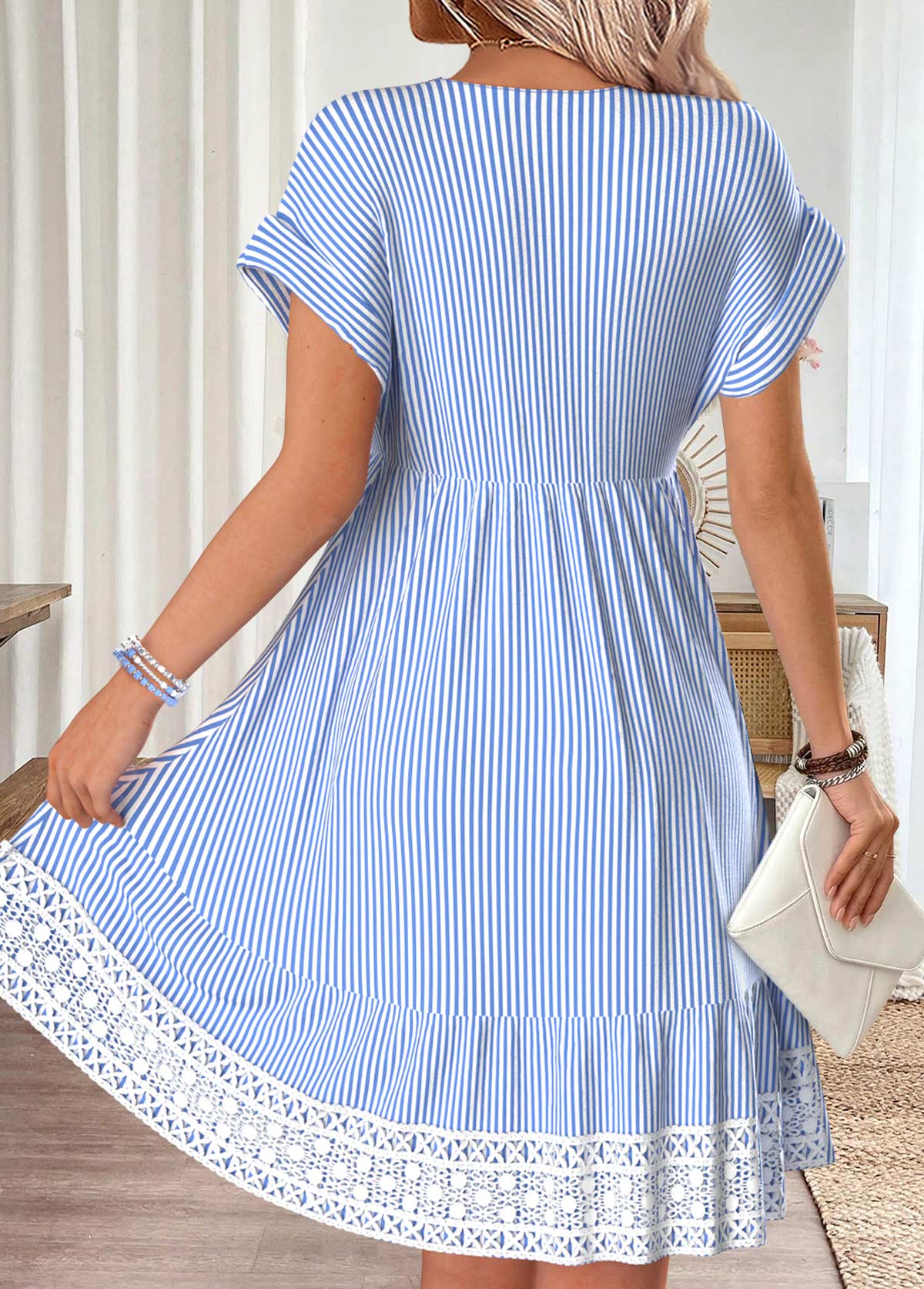 Light Blue Striped Surplice Short Sleeve V Neck Dress | picture 