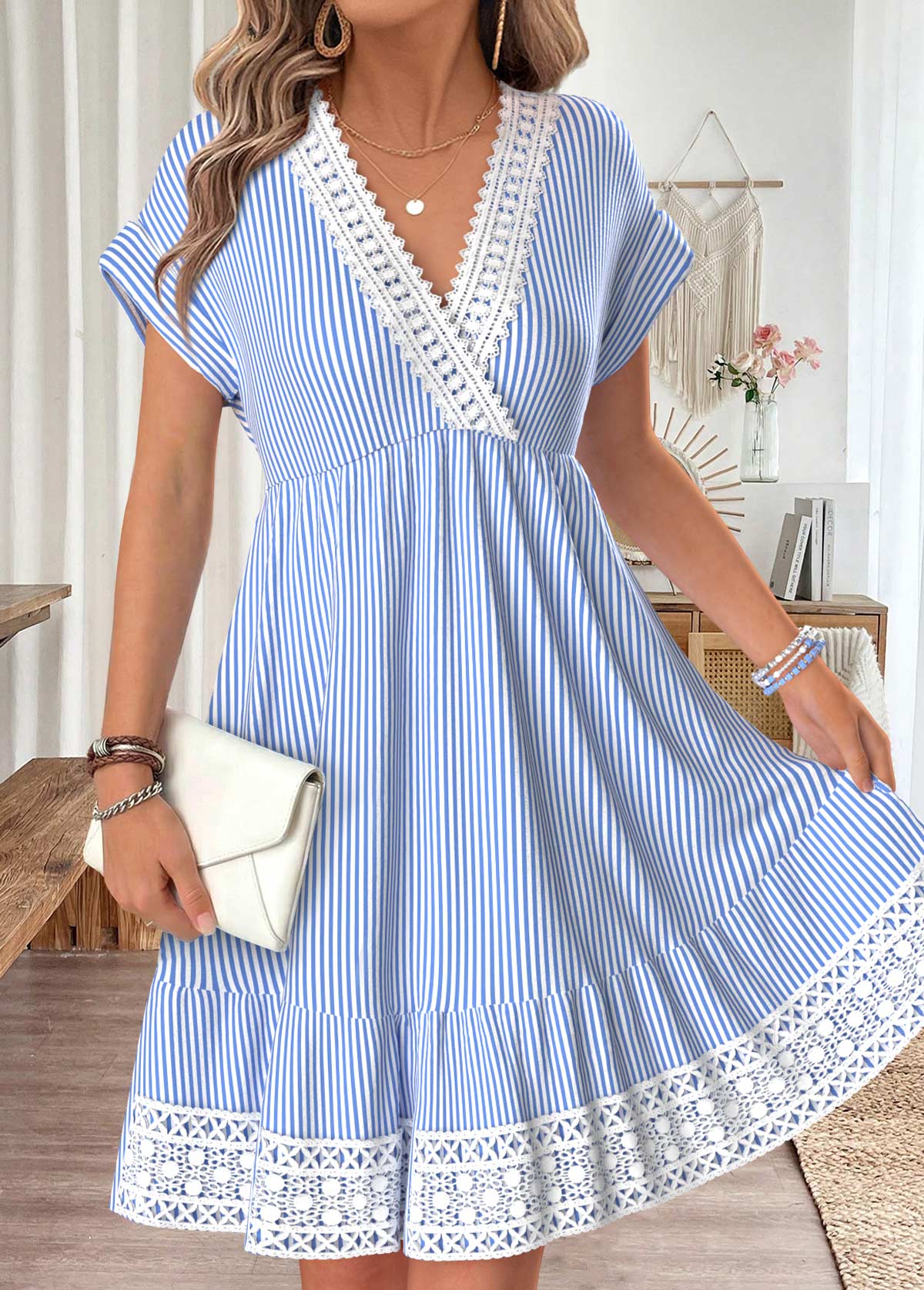 Light Blue Striped Surplice Short Sleeve V Neck Dress | picture 
