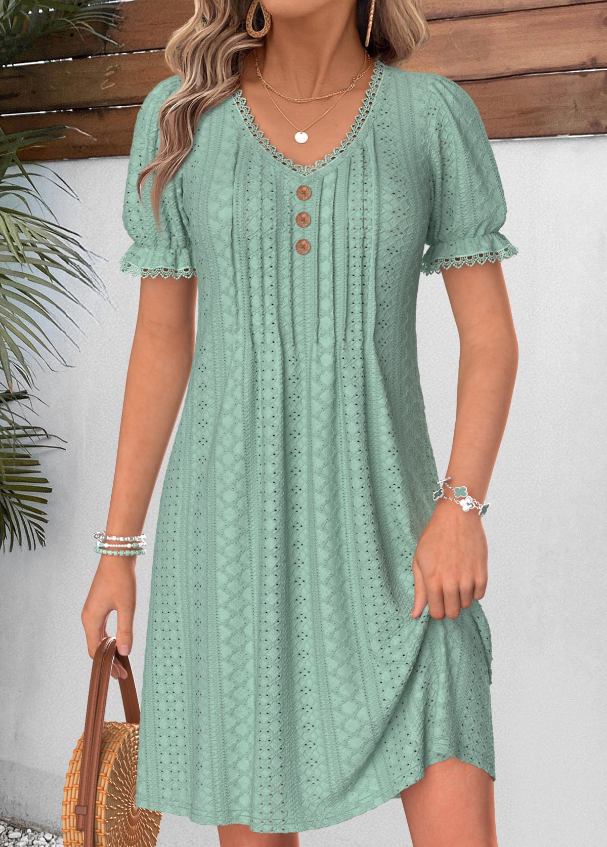 Sage Green Short Tuck Stitch V Neck Dress | picture 