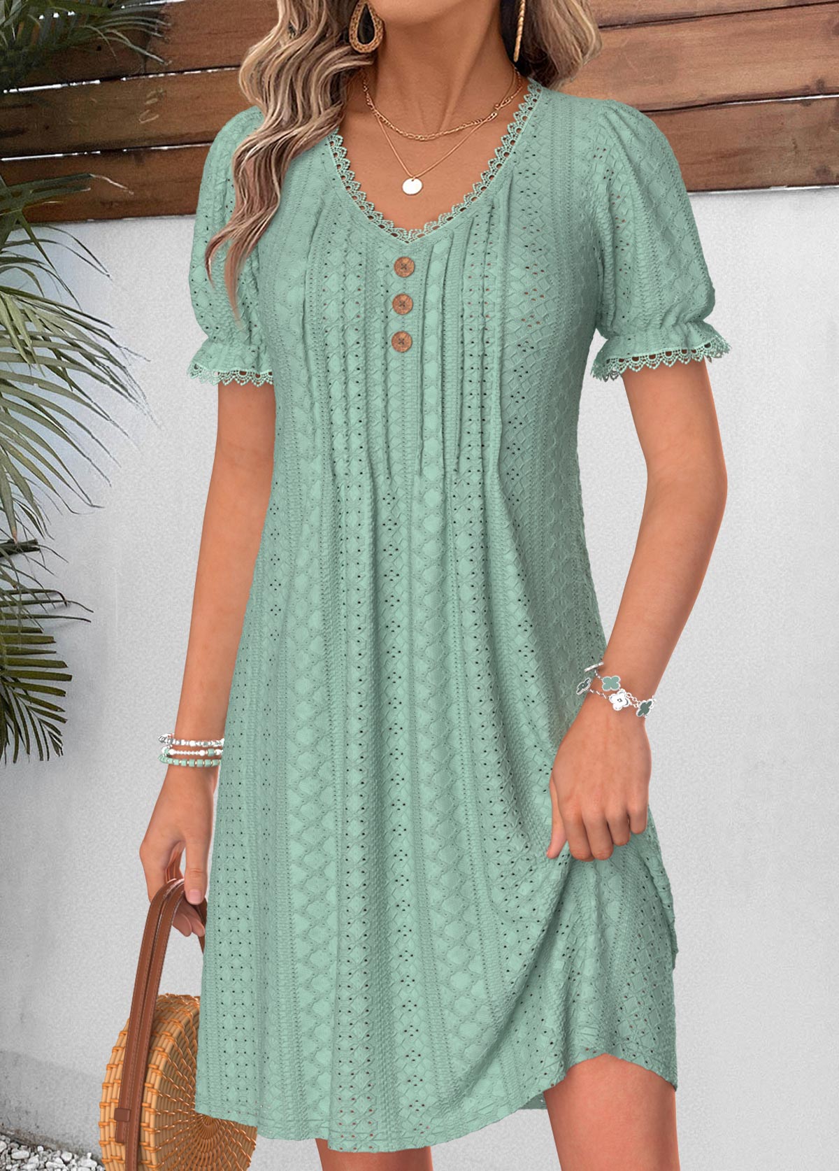 Sage Green Short Tuck Stitch V Neck Dress | picture 