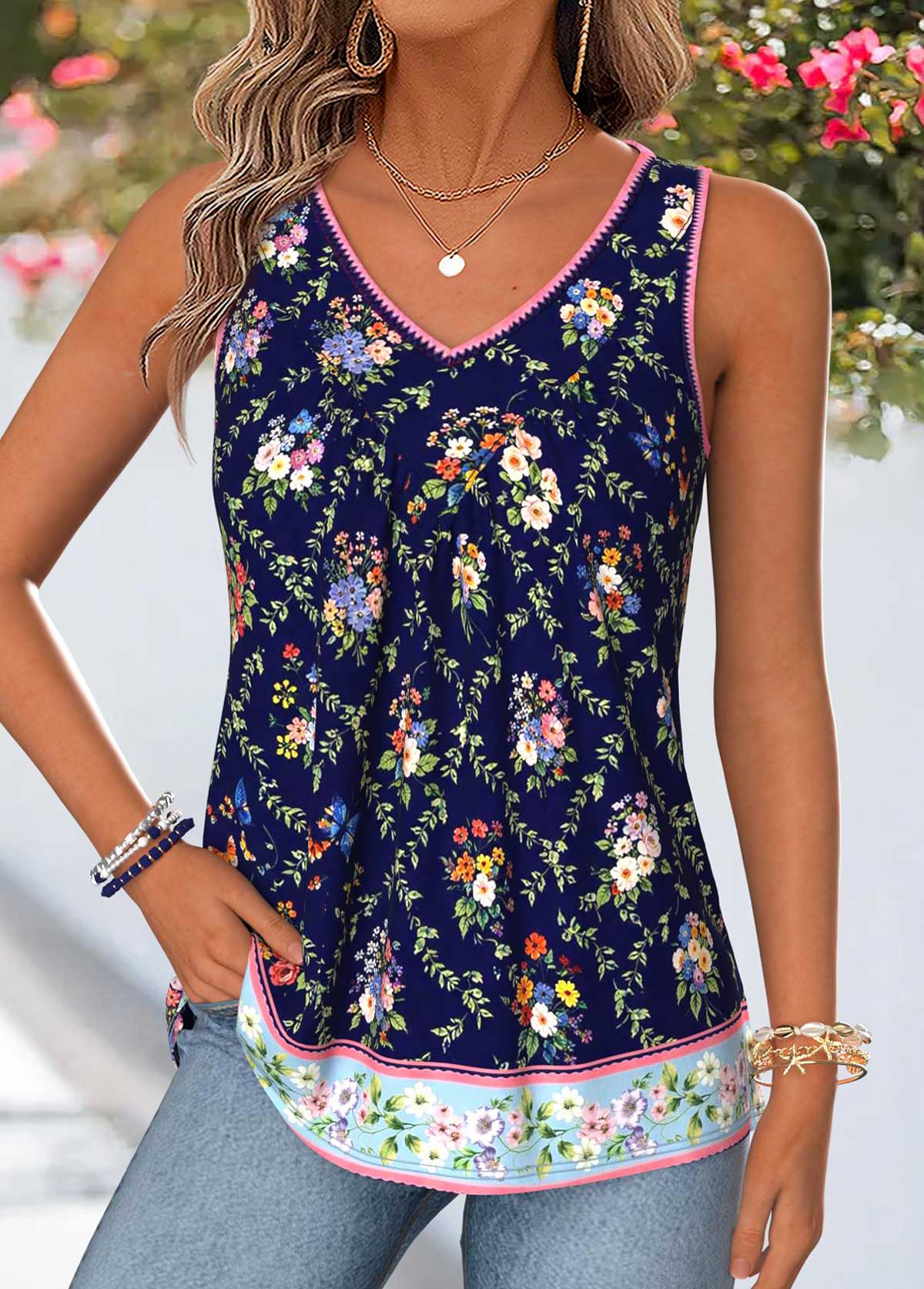 Multi Color Floral Print Patchwork Sleeveless Tank Top | picture 