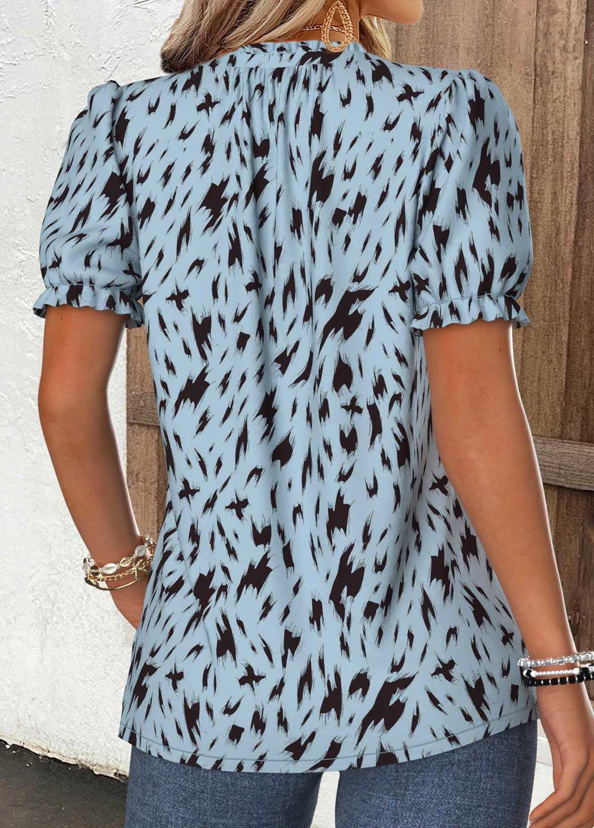 Dusty Blue Geometric Print Frill Short Sleeve T Shirt | picture 