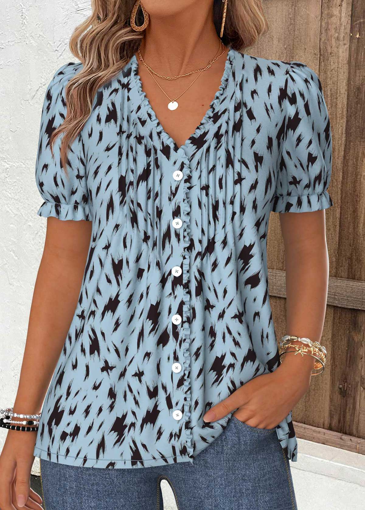 Dusty Blue Geometric Print Frill Short Sleeve T Shirt | picture 