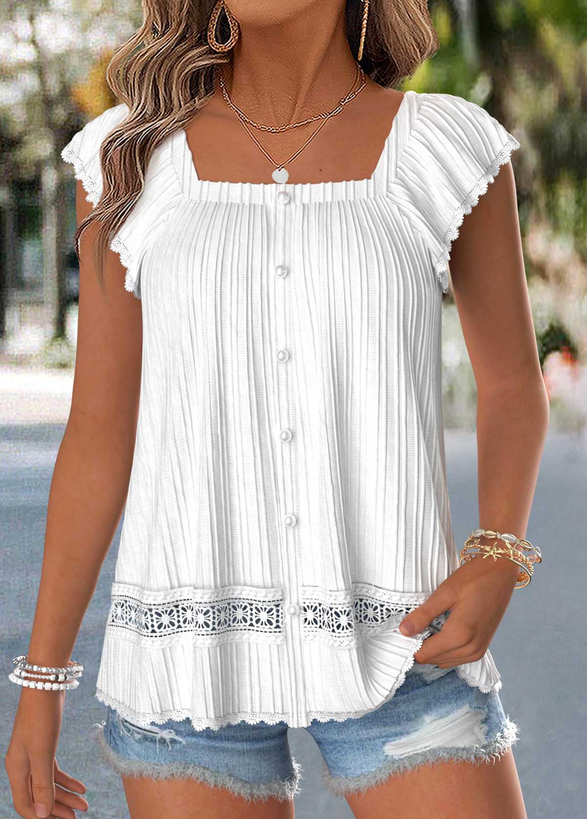 Raw White Curved Hem Short Sleeve Square Neck Blouse | picture 