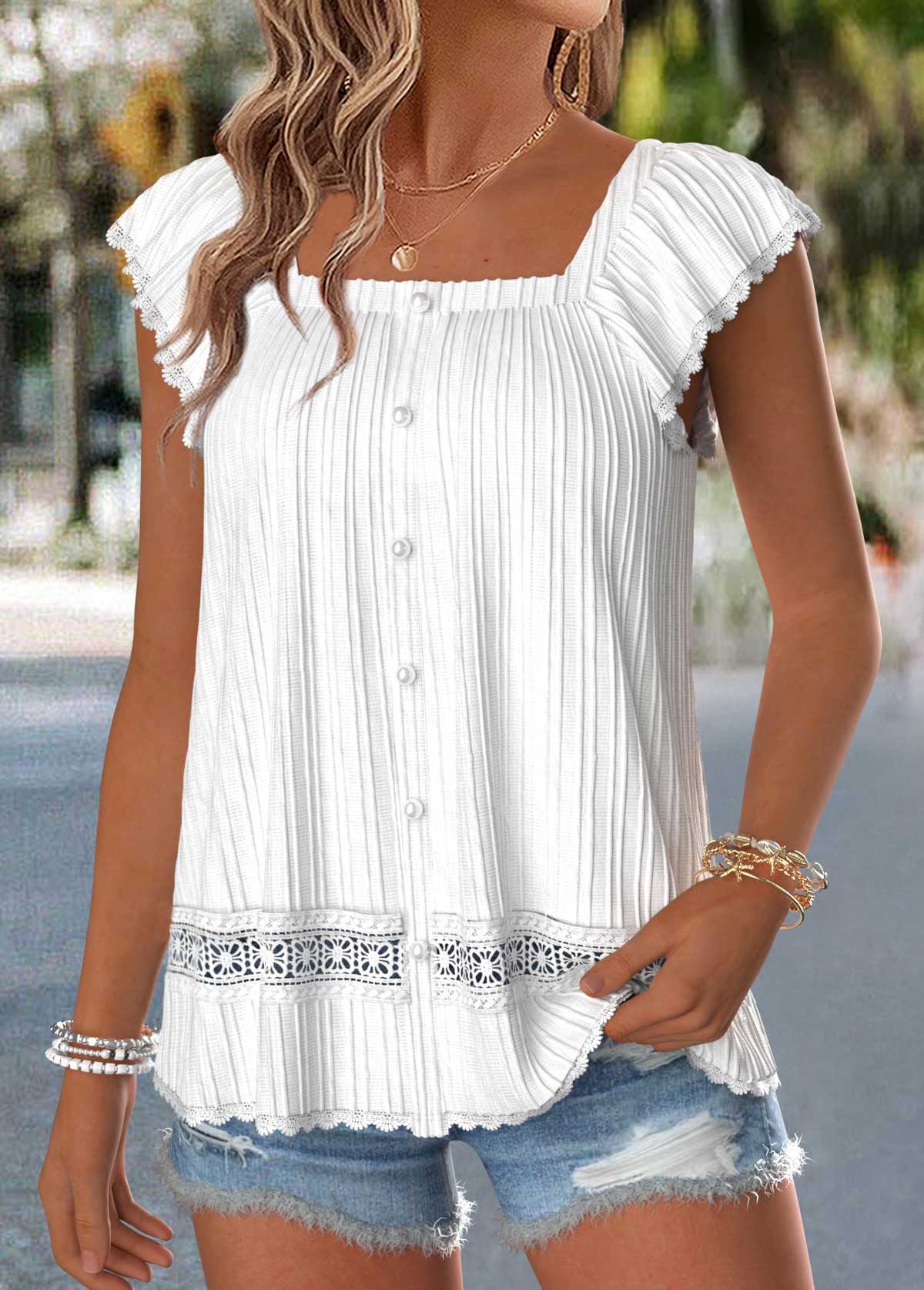 Raw White Curved Hem Short Sleeve Square Neck Blouse | picture 