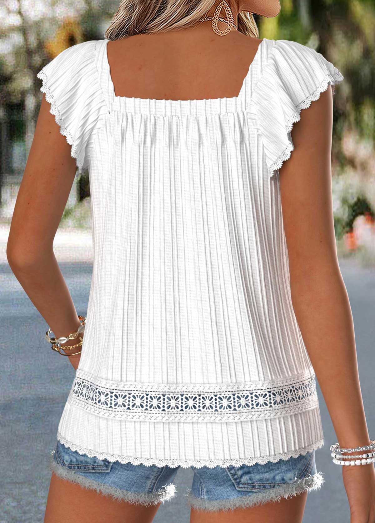 Raw White Curved Hem Short Sleeve Square Neck Blouse | picture 