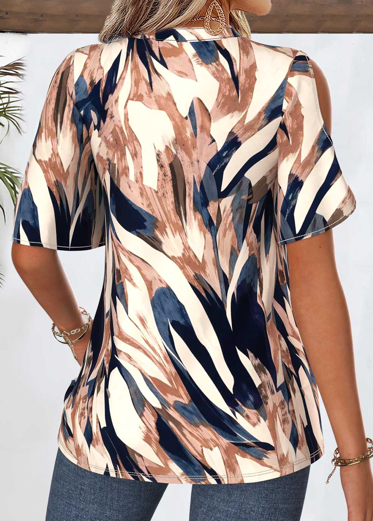 Multi Color Geometric Print Curved Hem Half Sleeve Blouse | picture 