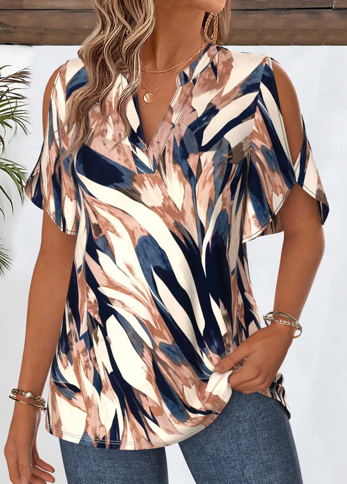 Multi Color Geometric Print Curved Hem Half Sleeve Blouse | picture 