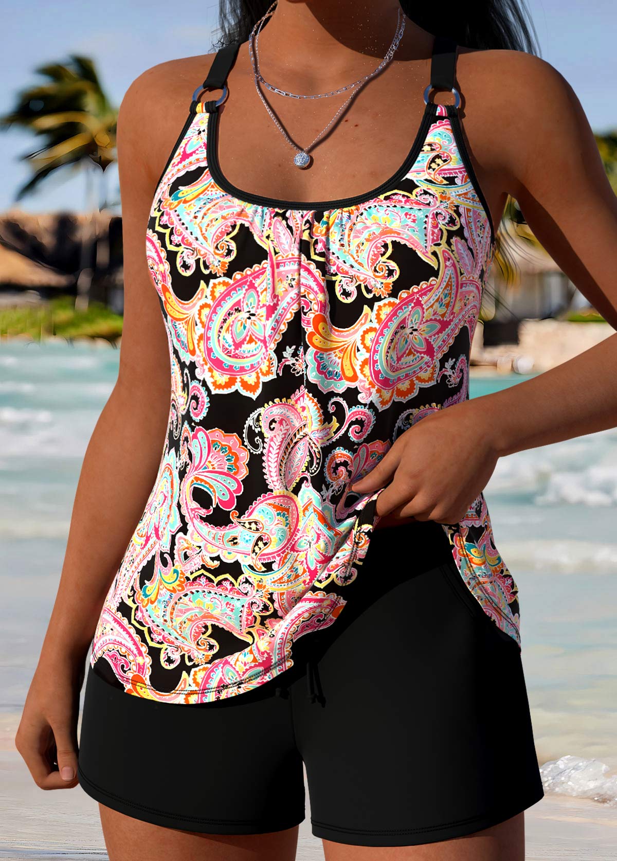 Grey Mid Waisted Pocket Tribal Print Tankini Set | picture 