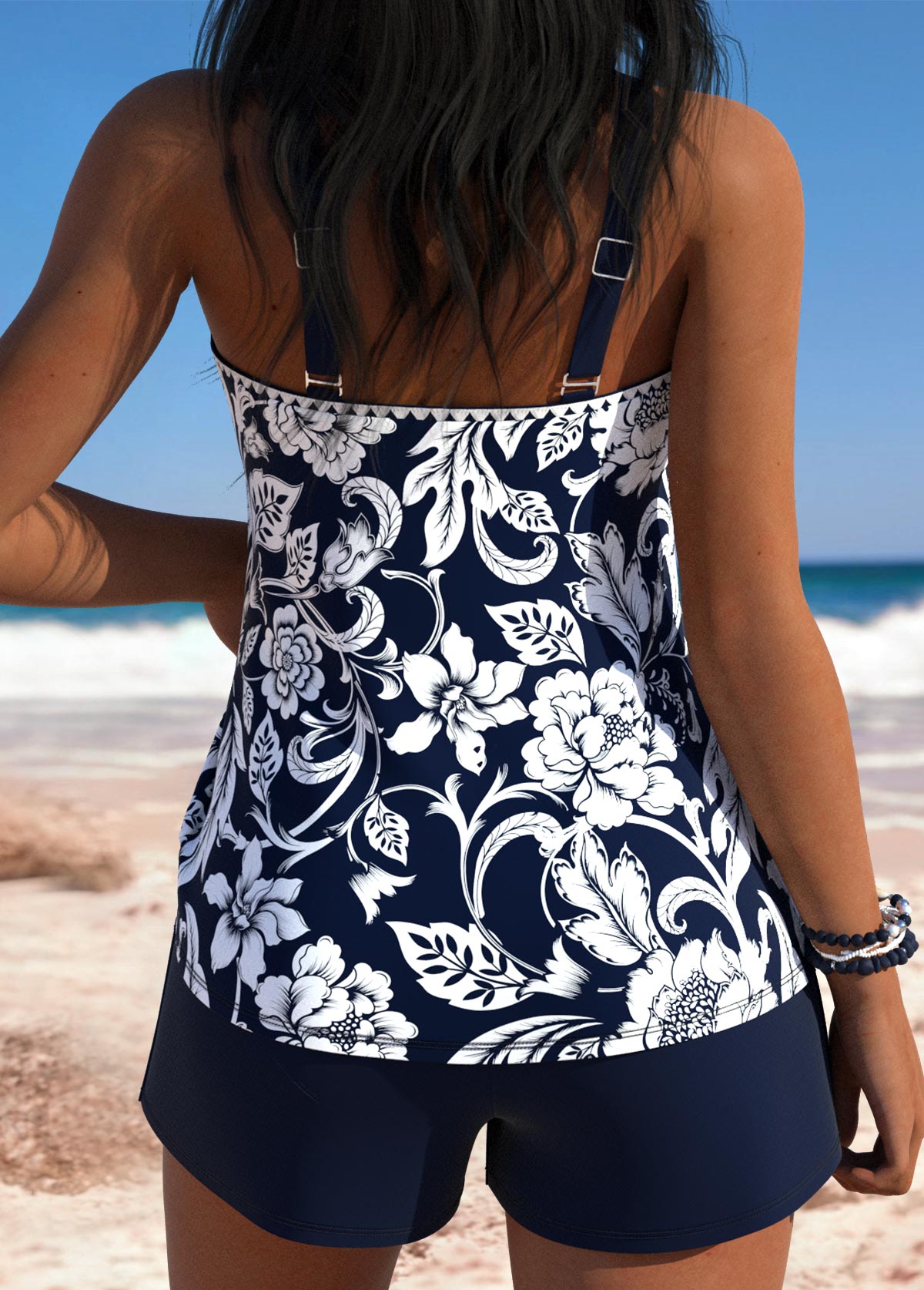 Navy Mid Waisted Pocket Random Floral Print Tankini Set | picture 
