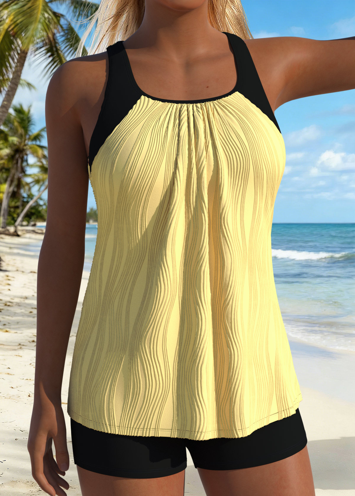 Cyan Layered Ruched Patchwork Tankini Set | picture 