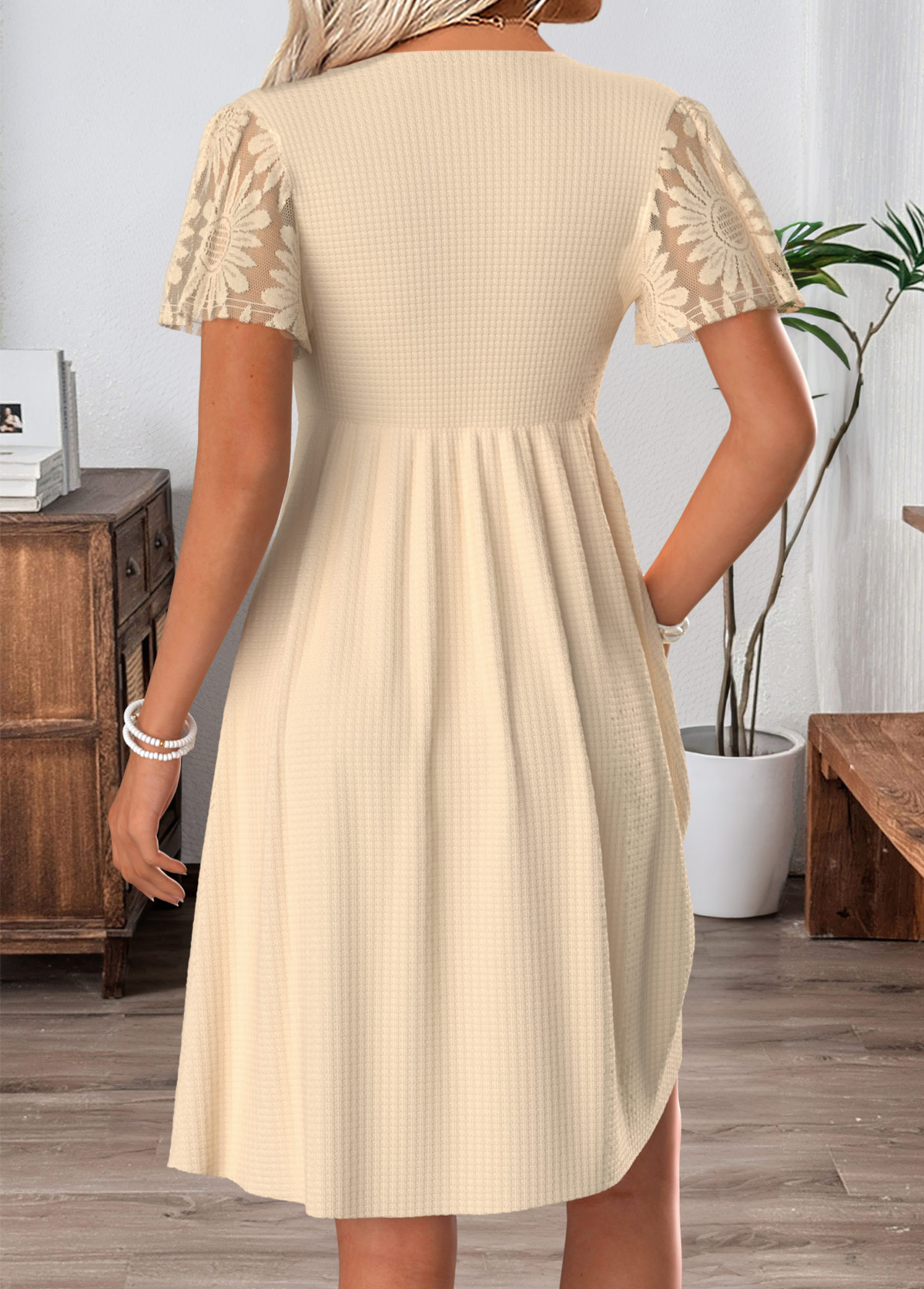 Beige Short Tummy Coverage V Neck Dress | picture 